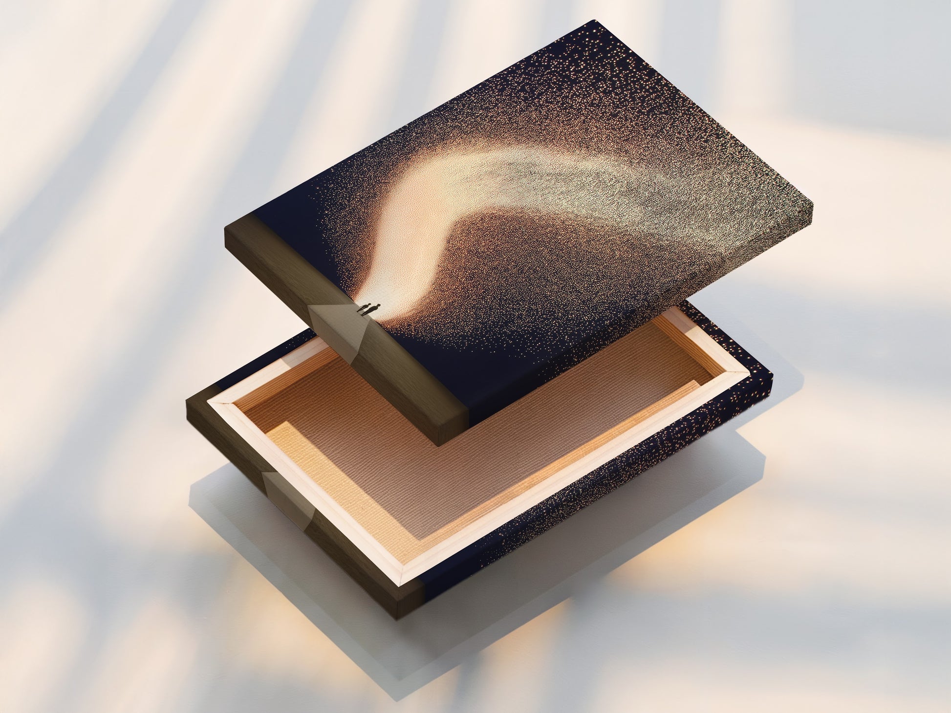 Stretched canvas print of a celestial art piece. The cosmic sparkle artwork is perfect for modern interiors. Abstract family art enhances living rooms bedrooms and nurseries. This dreamy wall art fits minimalist and Scandinavian styles. Add a touch of elegance with this stunning stretched canvas print.