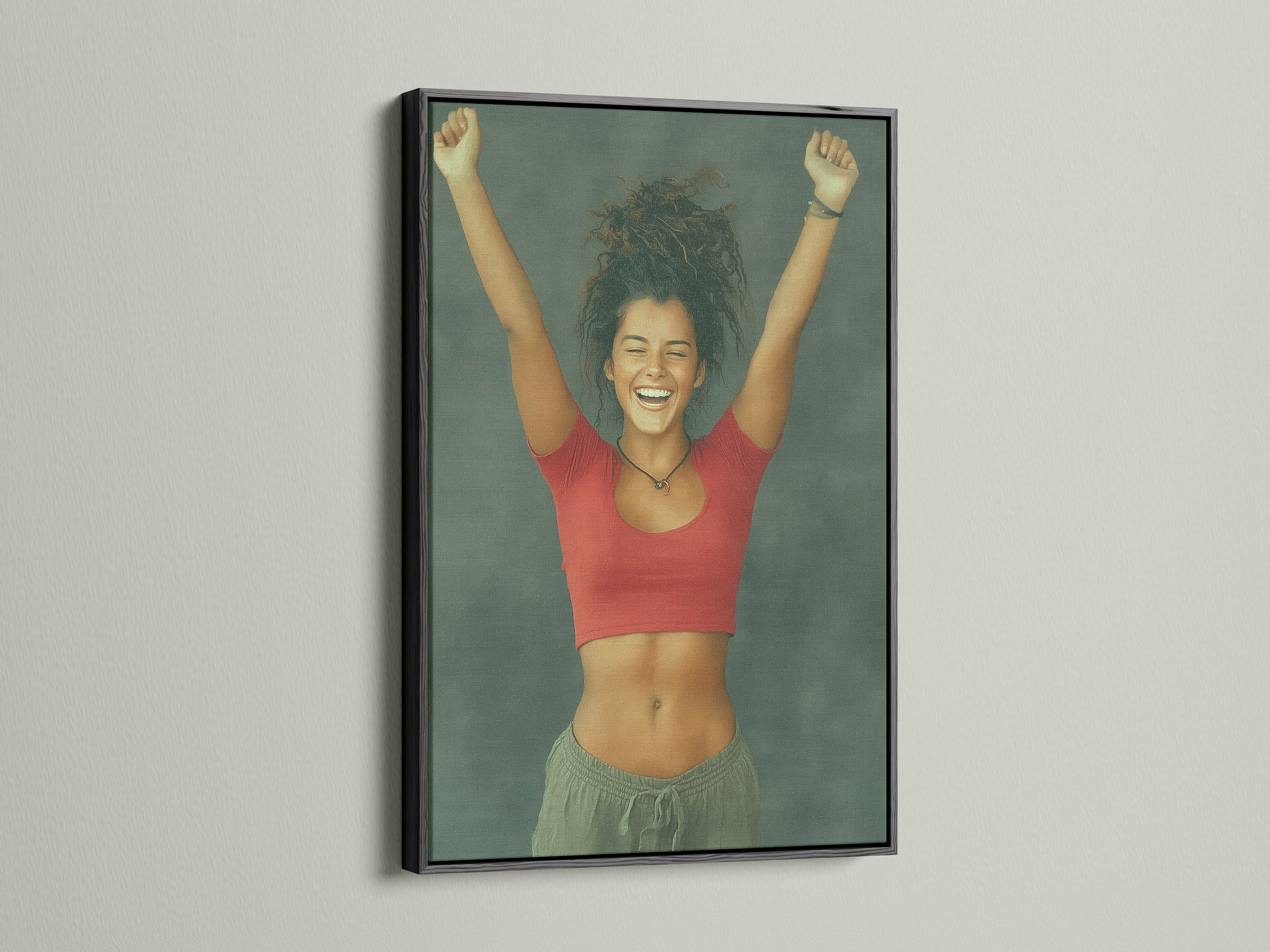 Euphoric Woman art in a black frame.  Expressive art for modern and eclectic styles.  This woman portrait brings fun to any room.  Perfect for dorm room decor or office wall art.  Add a joyful print to your space.