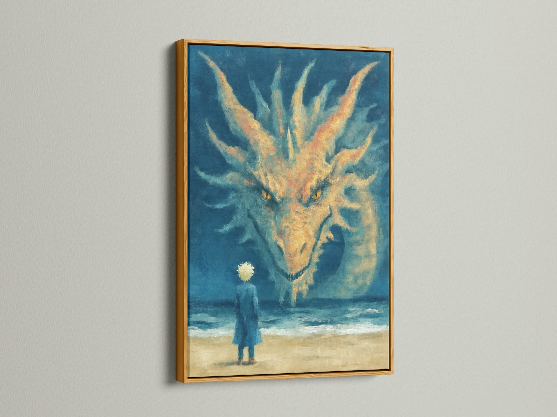 This mystical canvas art is framed in gold. The dragon fantasy art print adds a touch of luxury. The artwork depicts a surreal ocean scene. It is perfect for enhancing bedroom wall decor. This fantasy creature artwork brings elegance to any room. A great addition to any space.