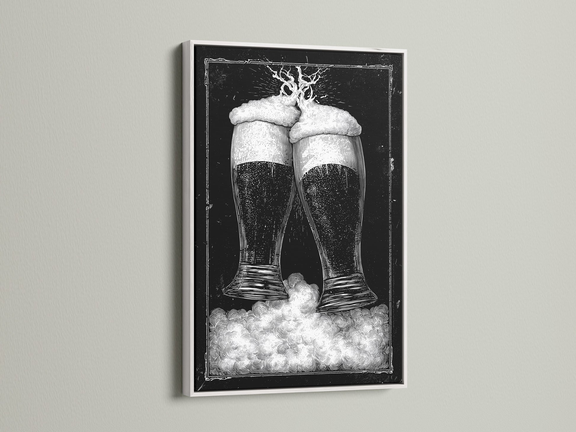 White frame artwork. The art features two beer glasses in black and white tones. This piece is mounted on a clean white wall. The frame is a crisp white color. Discover framed artwork options to enhance your space. Explore our selection today for the perfect piece.