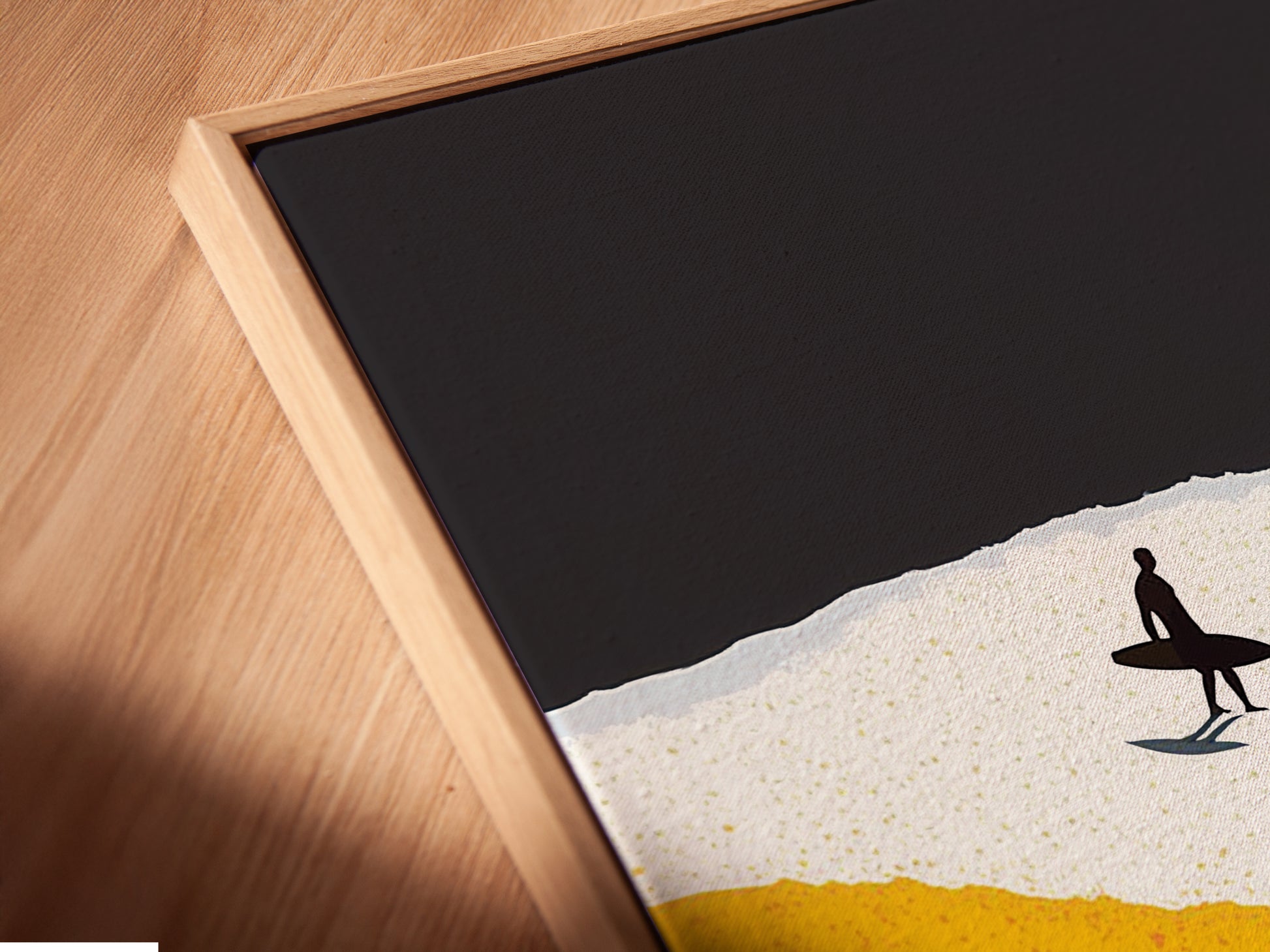 A close-up view of a canvas print in a floating frame. This modern framing style gives the artwork a gallery-like quality. The floating frame enhances modern artwork in your home. Perfect for showcasing wave canvas prints. Discover the beauty of this framing technique.