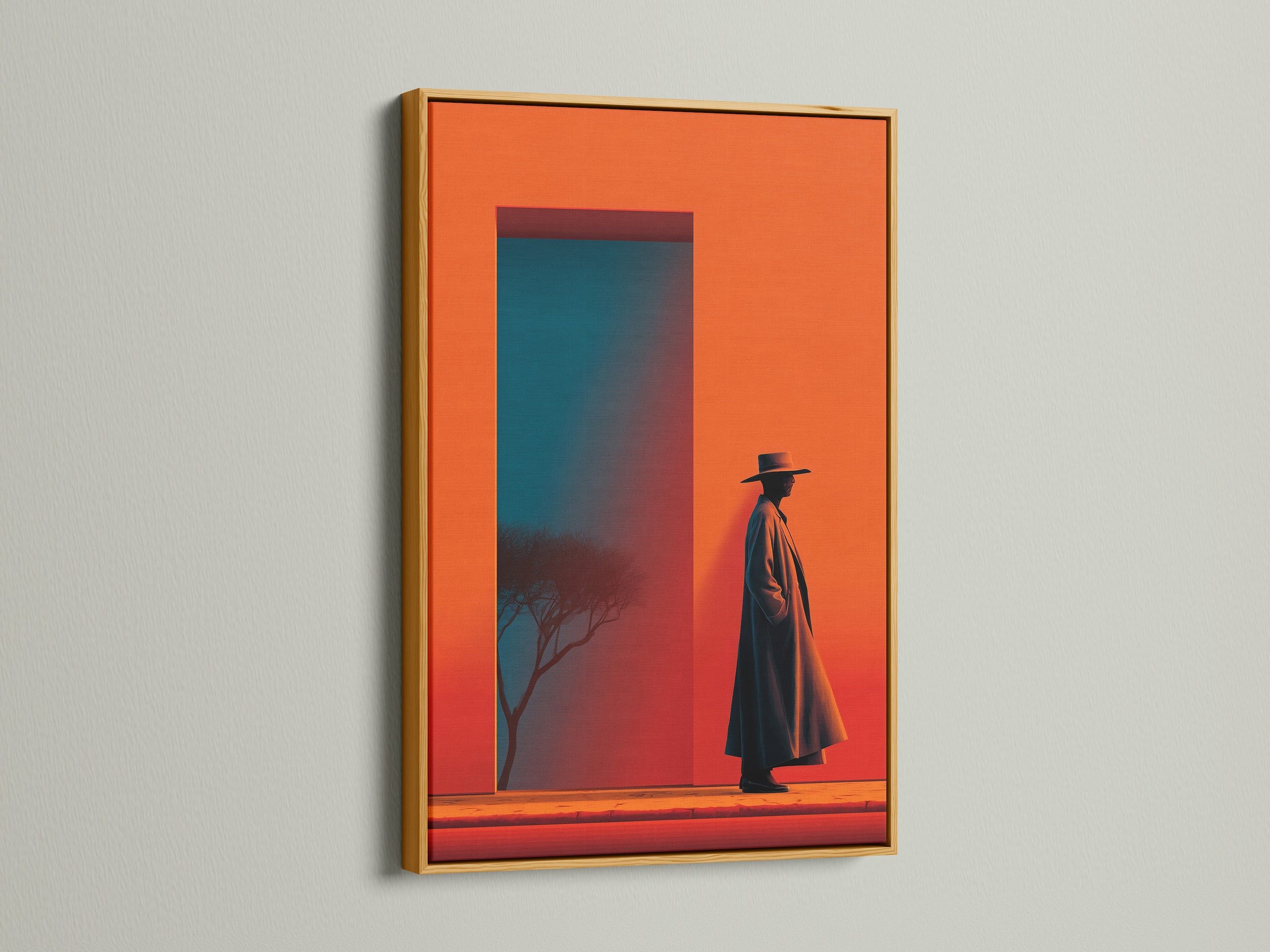 See the Western Cowboy retro poster art in a gold frame. The orange and teal silhouette artwork makes a statement. Great for masculine wall art or a creative studio. The gold frame adds a touch of elegance.
