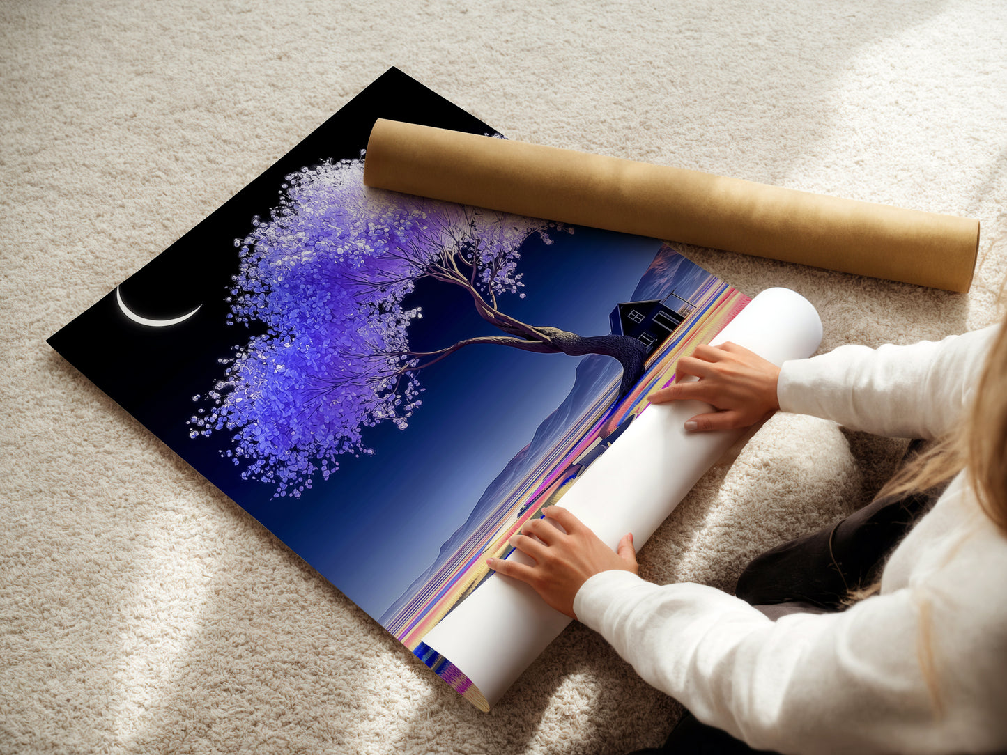 A woman is carefully rolling a fine art poster paper. Preparing a lavender tree artwork for display. The pastel landscape promises high-quality reproduction. The moon art print ensures a stunning visual impact. Perfect dreamy wall decor for art enthusiasts. Calming art print.