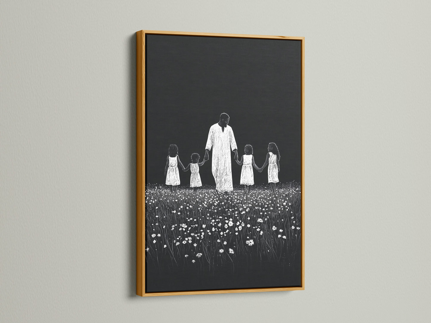 Artwork with a gold frame. The art features a symbolic depiction. It shows a man holding hands with children in a field of flowers. The gold frame brings a sense of luxury. The artwork is showcased in a radiant finish.