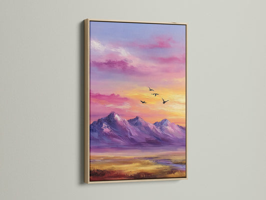 Mountain Sunset Canvas Print - Purple Pink Sky Wall Art, Colorful Landscape Artwork for Bedroom Decor