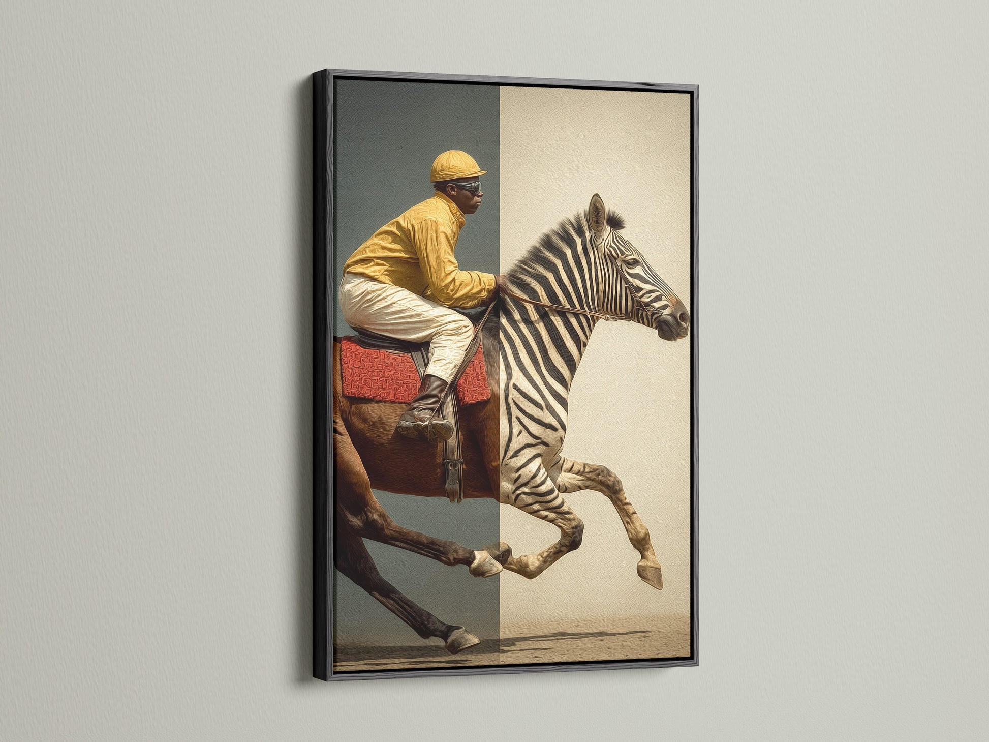 Artwork of a Jockey riding a Zebra and Horse Hybrid. This artwork is displayed in a sleek black frame. Black frames add a touch of sophistication and boldness. Enhance your home decor with our framed art pieces.