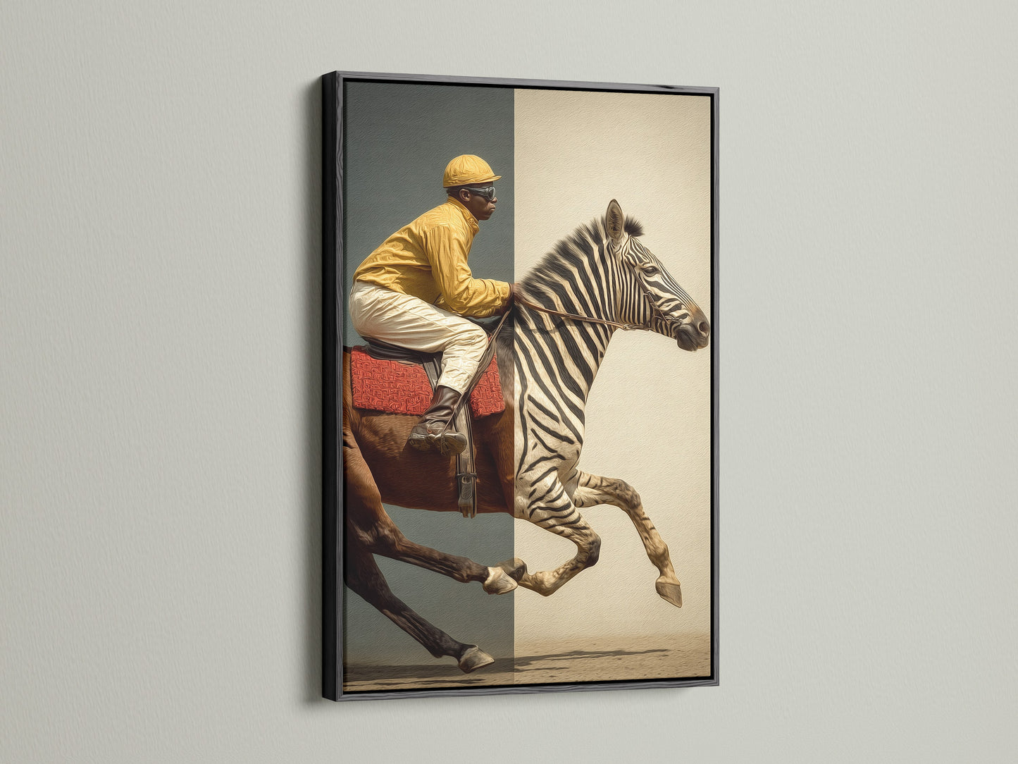 Artwork of a Jockey riding a Zebra and Horse Hybrid. This artwork is displayed in a sleek black frame. Black frames add a touch of sophistication and boldness. Enhance your home decor with our framed art pieces.