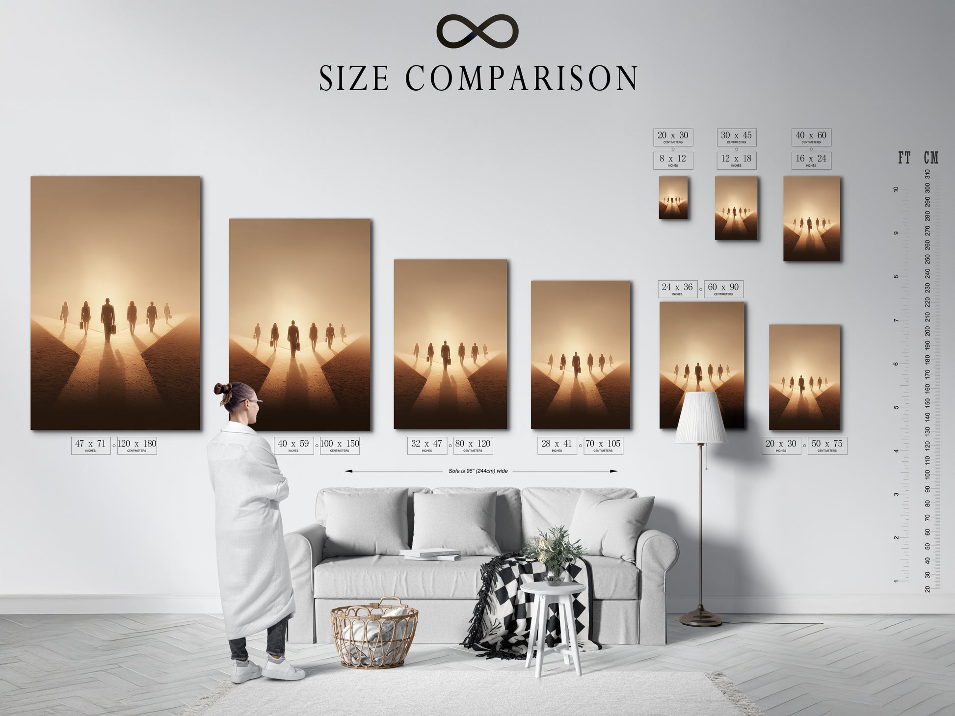 A size comparison chart is displayed in an interior. The chart shows the different sizes of artwork that are available. It is a helpful tool for choosing the right size artwork for your space. Use this chart to get a sense of scale for your space.