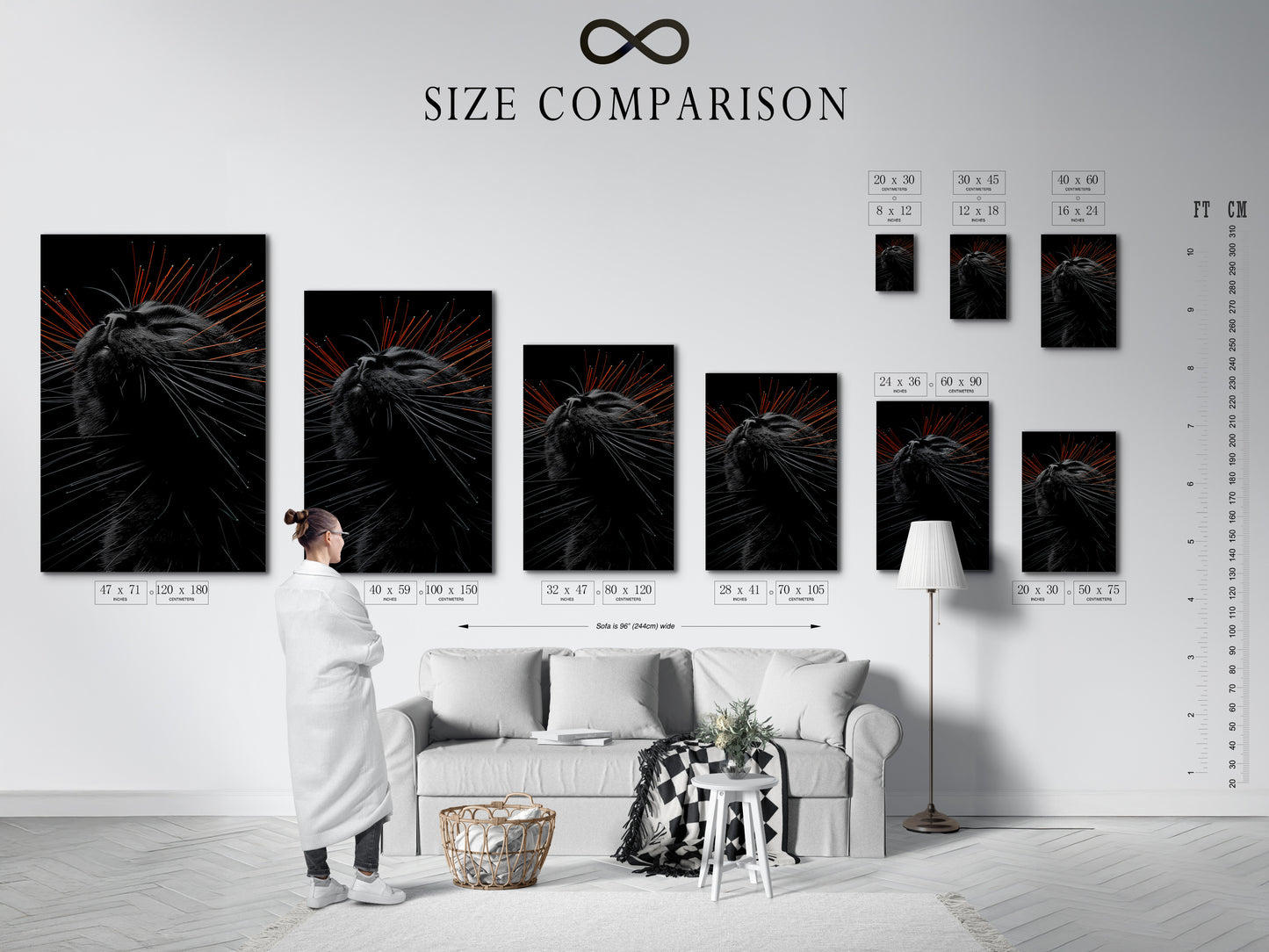 A size comparison chart is displayed in an interior setting. It showcases various canvas print sizes. Visualize how our feline canvas prints will fit in your living room bedroom or office. Find the perfect size for your pet wall decor.