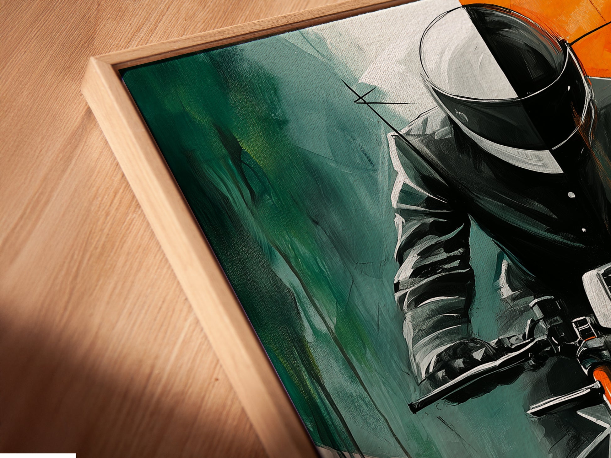 Close-up of Canvas Print in Floating Frame. This angled view showcases a motorcycle art print in a floating frame. The orange and teal artwork appears to float adding a modern touch. This is perfect for man cave decor and automotive spaces.