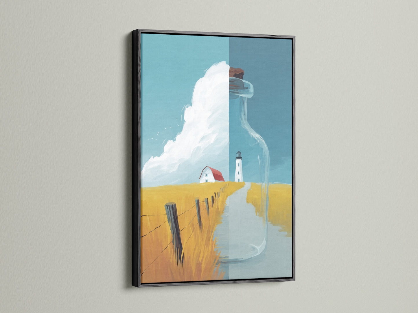 Coastal Lighthouse Canvas Artwork with a black frame. This nautical landscape print features a serene ocean view. The black frame adds a modern touch to this classic scene. A great choice for ocean view art.