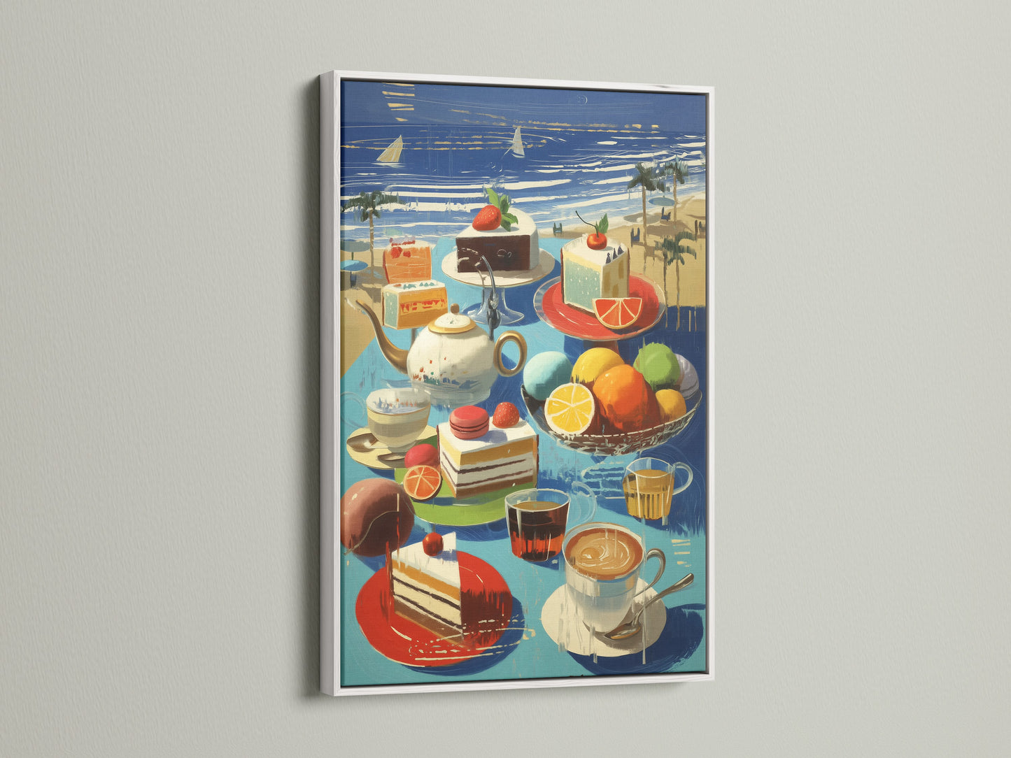 Framed in white this coastal still life artwork brings a fresh summer vibe. The beach cafe wall art features cake and fruit. It is ideal for bright kitchen decor. This seaside artwork enhances any space with its ocean view art.