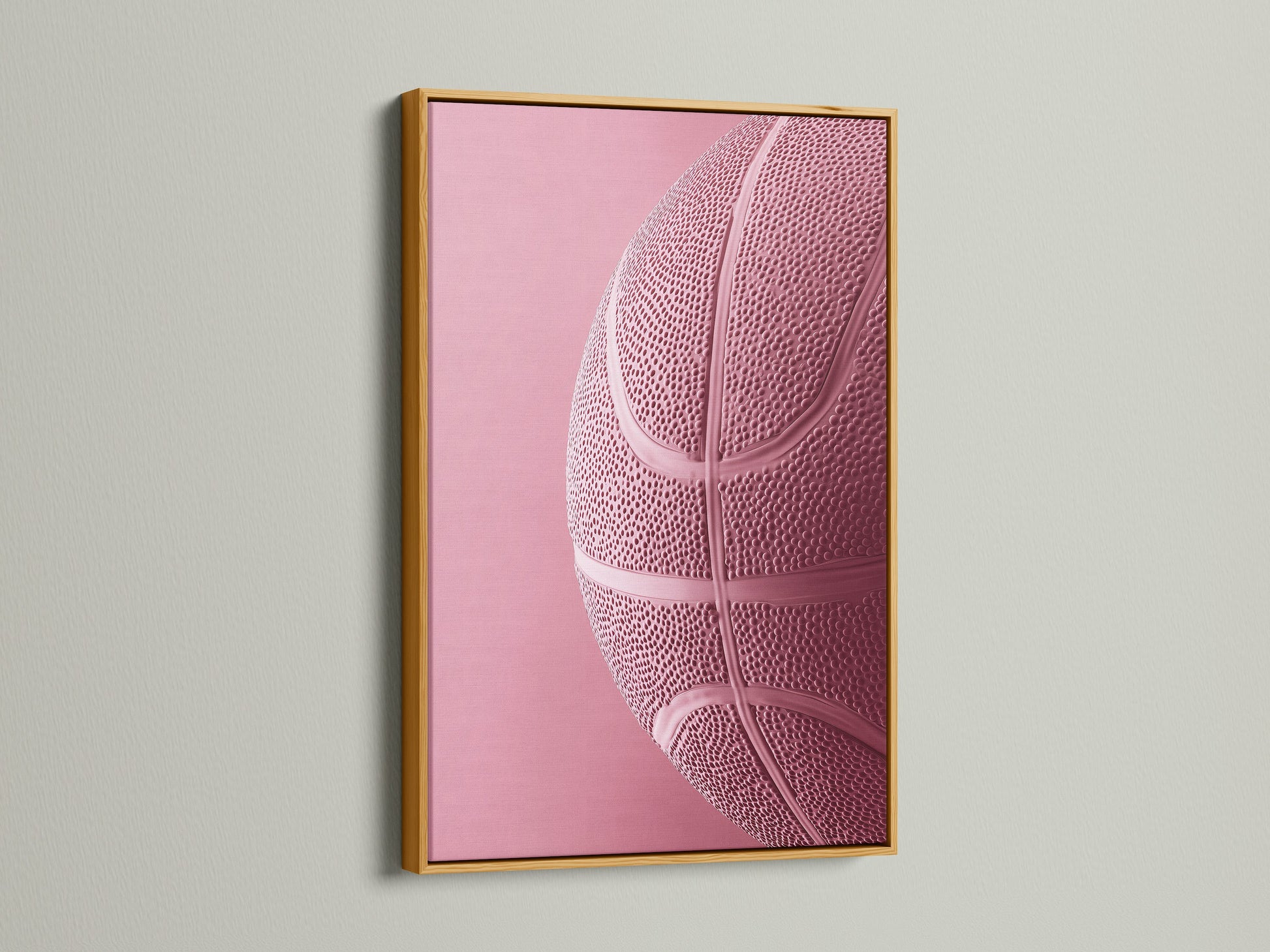 Gold Frame showcasing a pink basketball artwork. The gold frame adds a touch of elegance to any artwork. Its perfect for creating a luxurious look in your space. Elevate your artwork with a gold frame.