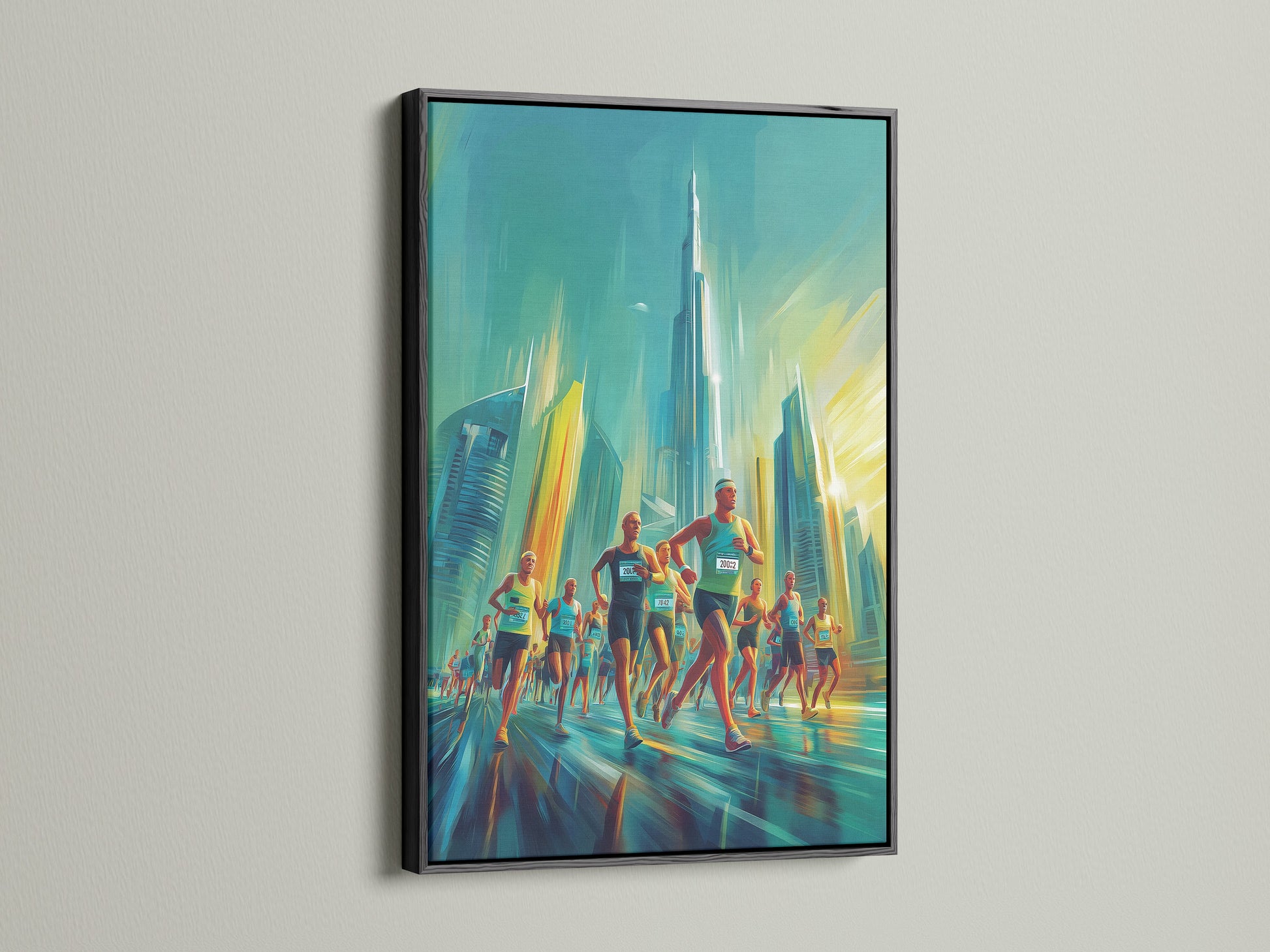 Artwork depicting a marathon race amidst skyscrapers is showcased. The art is encased in a sleek black frame. The black frame provides a bold contrast. This framed artwork adds sophistication to any space. Get your black framed artwork today