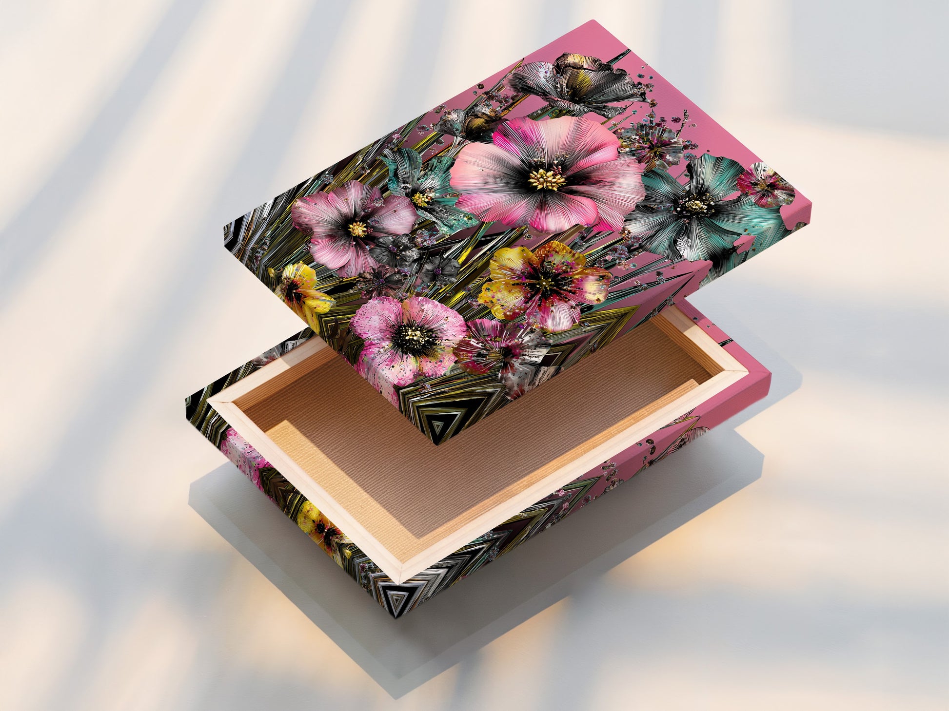 Stretched canvas print featuring tropical floral artwork. Pink hibiscus flowers create a vibrant botanical display. Perfect for adding a touch of tropical art to your living space. Enhance your home decor today.