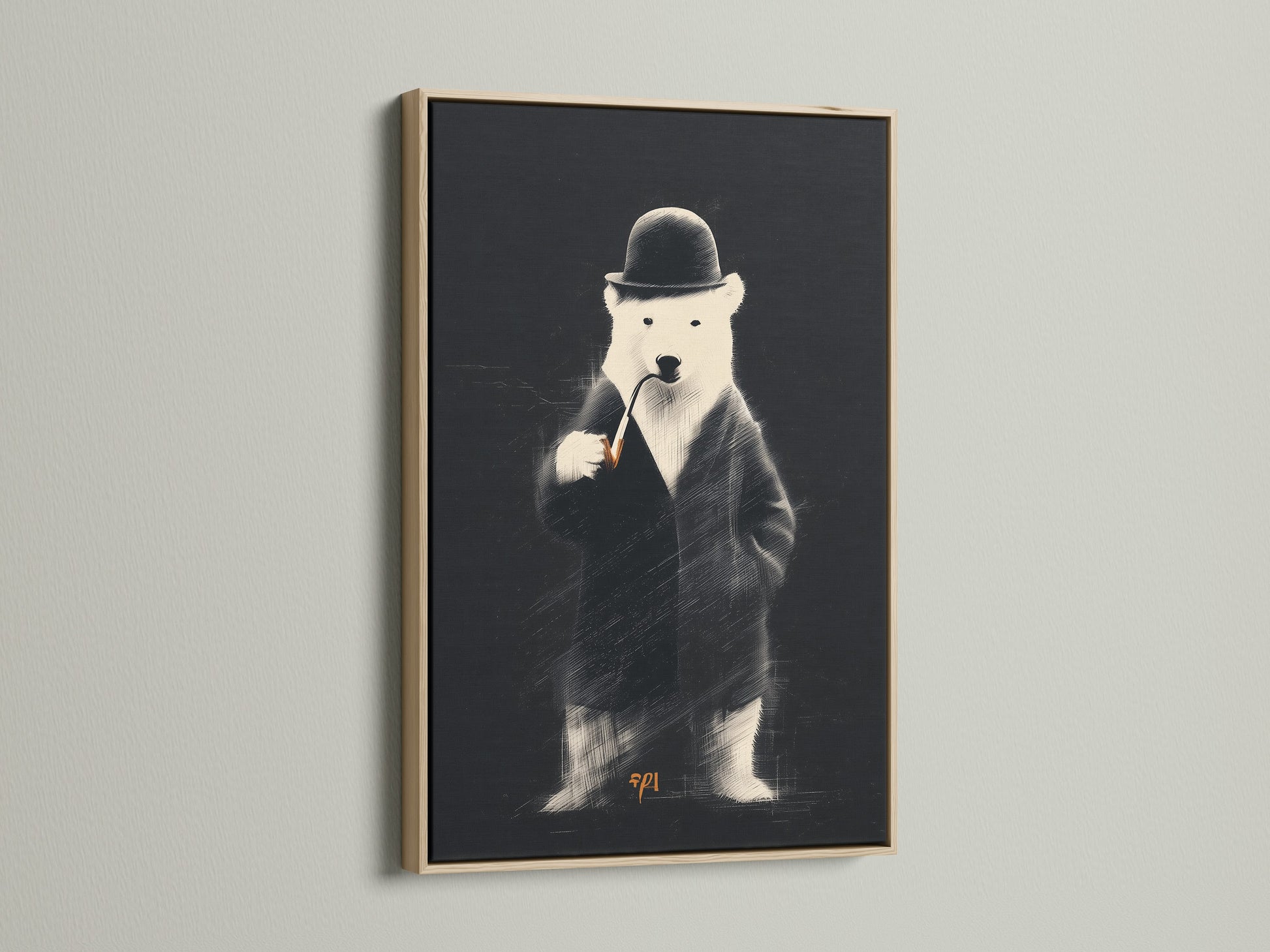 This image showcases an oak frame. The artwork features a bear in a suit. The warm tones of the oak enhance the art. It's a classic framing choice for art prints and posters.