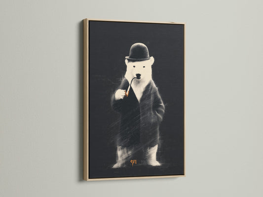 This image showcases an oak frame. The artwork features a bear in a suit. The warm tones of the oak enhance the art. It's a classic framing choice for art prints and posters.