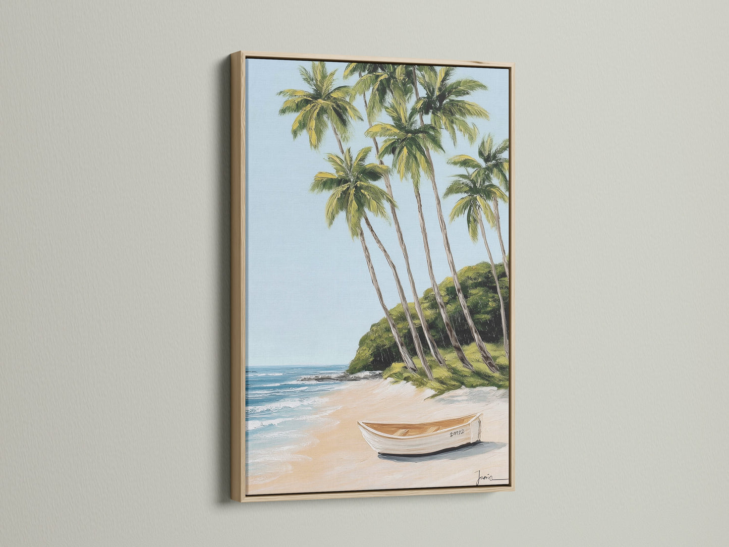 Tropical beach artwork with an oak frame. The painting features palm trees a boat on a sandy beach and blue water. This coastal artwork adds a tranquil touch to any room. Perfect for living rooms bedrooms and offices.