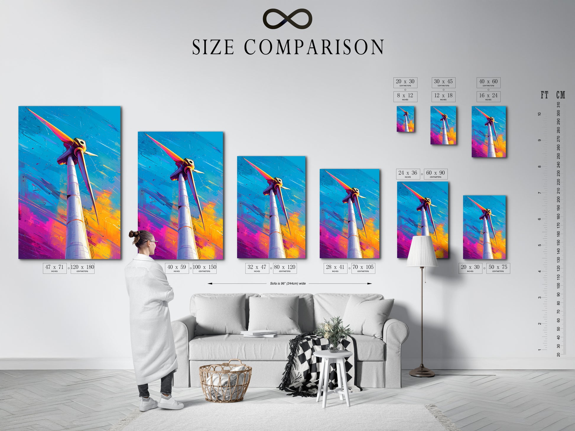A size comparison chart is displayed in a stylish interior setting. The chart helps visualize different artwork sizes in a real room. Plan your art arrangement with confidence. Find the perfect size for your space.