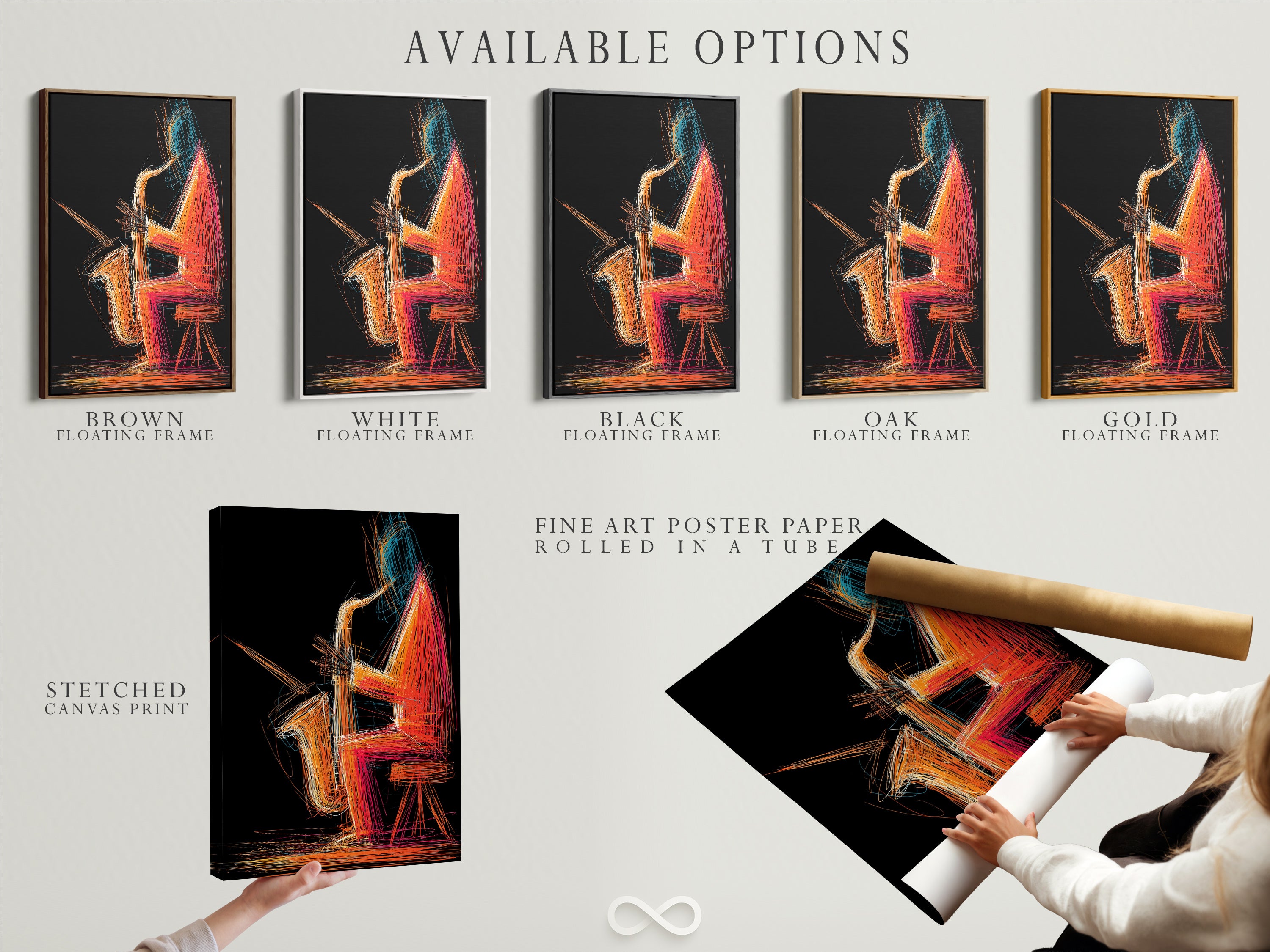 Explore available options for the Jazz Saxophone Art Print. Choose from a stretched canvas print. Select fine art poster paper or a floating frame. Customize your artwork to match your style and space to create the perfect music wall decor.