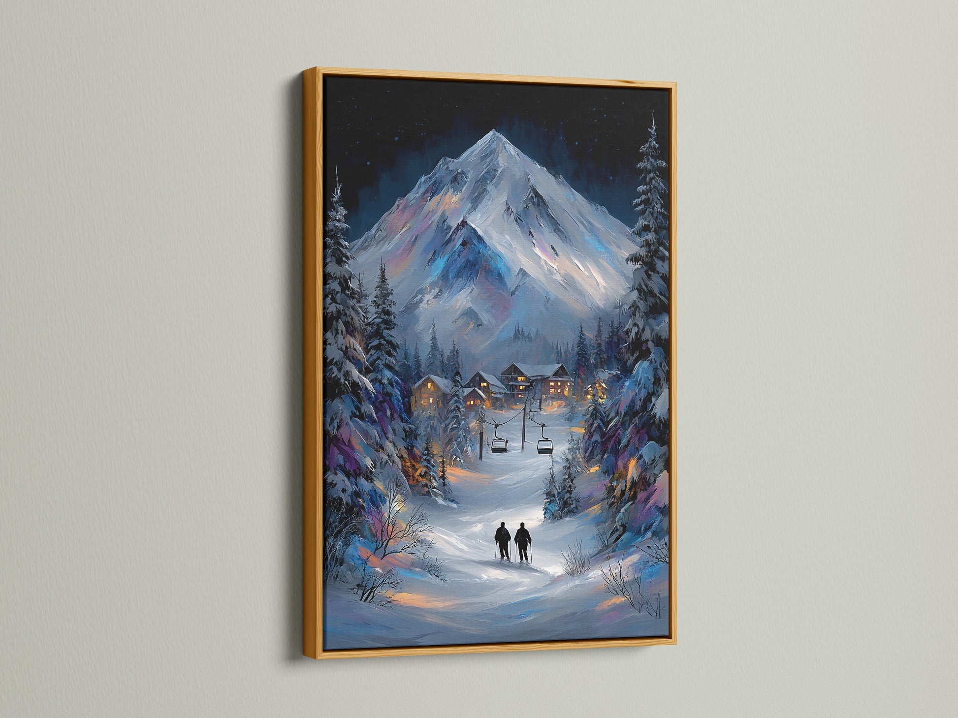 Enhance your decor with a gold frame. This winter mountain canvas artwork brings elegance to any space. The snowy alpine landscape painting creates a cozy cabin ambiance. The gold frame adds a luxurious touch to this lodge wall art.