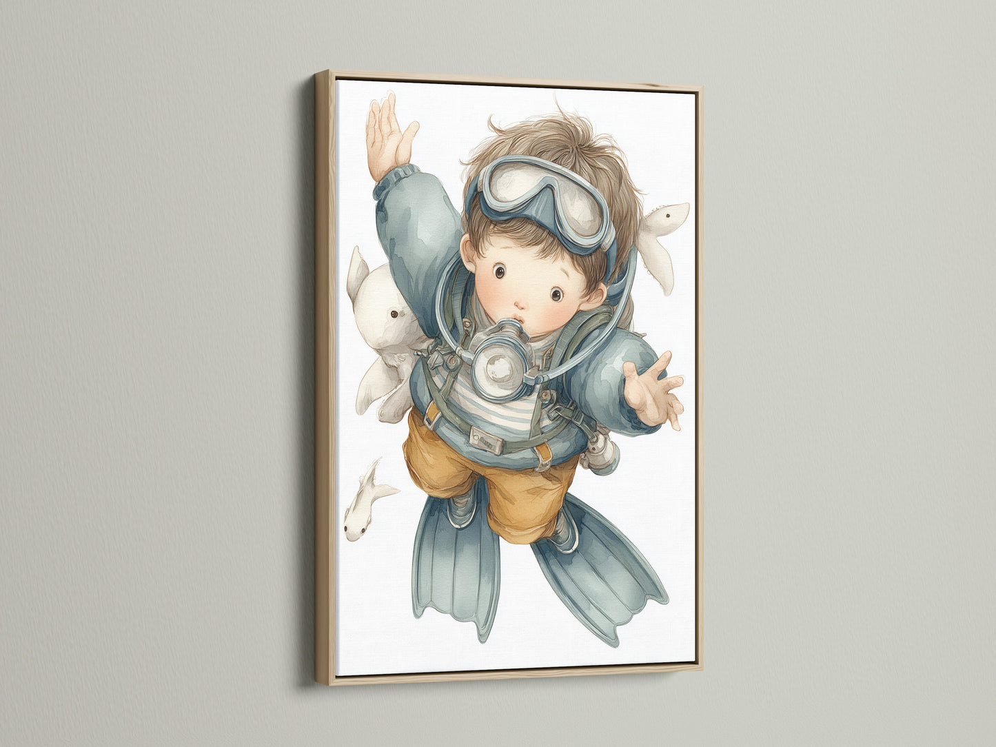 A delightful scuba diver art print is showcased in an oak frame. Ideal for an ocean themed nursery or kids room. This underwater artwork brings a sense of adventure. It's perfect for a nautical kids room or coastal wall decor. Add a touch of the sea to your child's space.