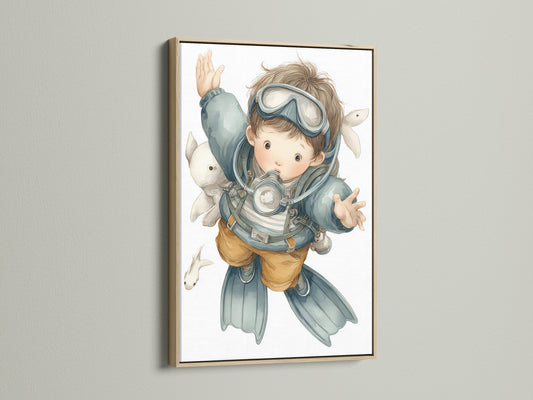 A delightful scuba diver art print is showcased in an oak frame. Ideal for an ocean themed nursery or kids room. This underwater artwork brings a sense of adventure. It's perfect for a nautical kids room or coastal wall decor. Add a touch of the sea to your child's space.