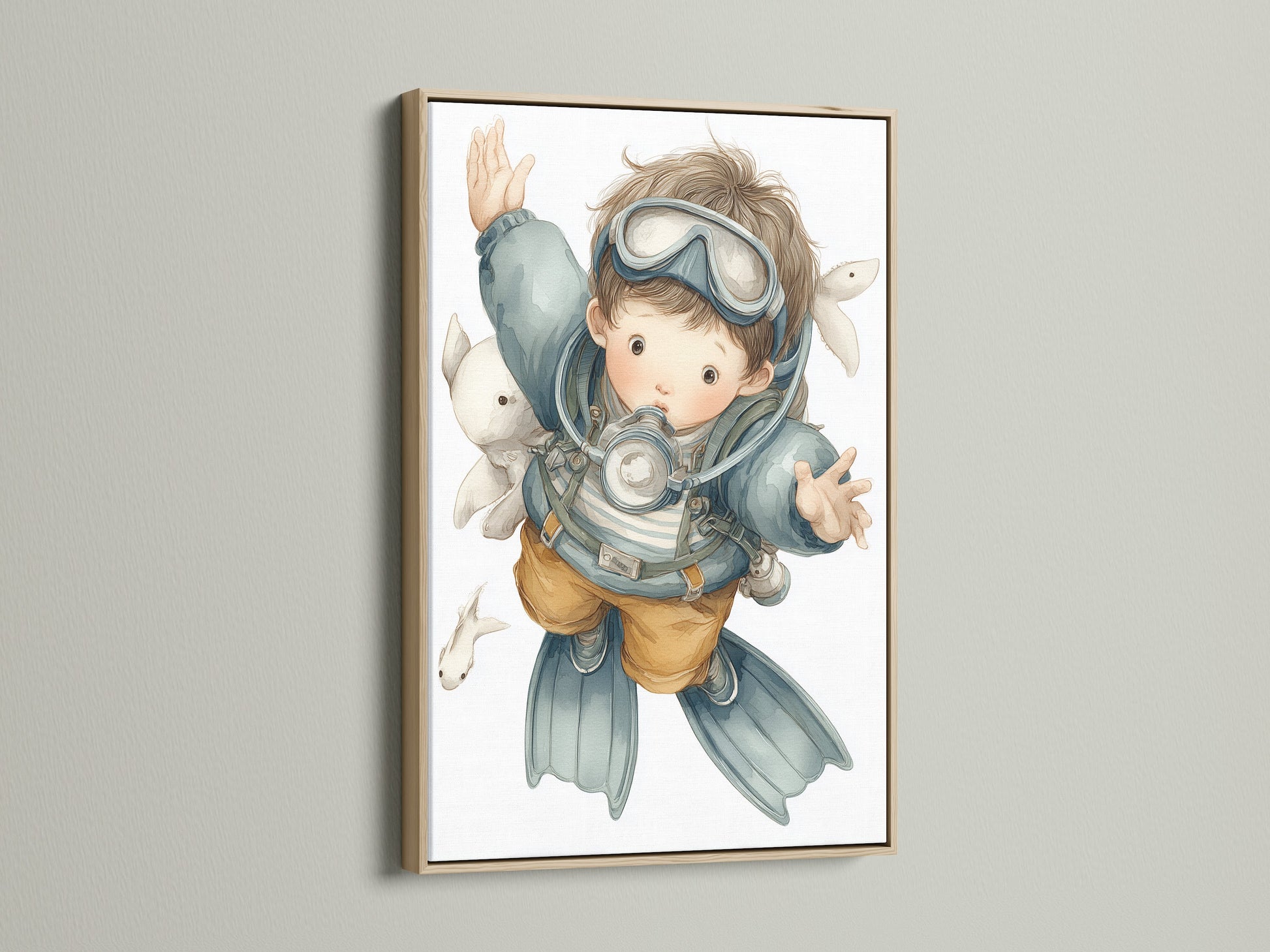 A delightful scuba diver art print is showcased in an oak frame. Ideal for an ocean themed nursery or kids room. This underwater artwork brings a sense of adventure. It's perfect for a nautical kids room or coastal wall decor. Add a touch of the sea to your child's space.