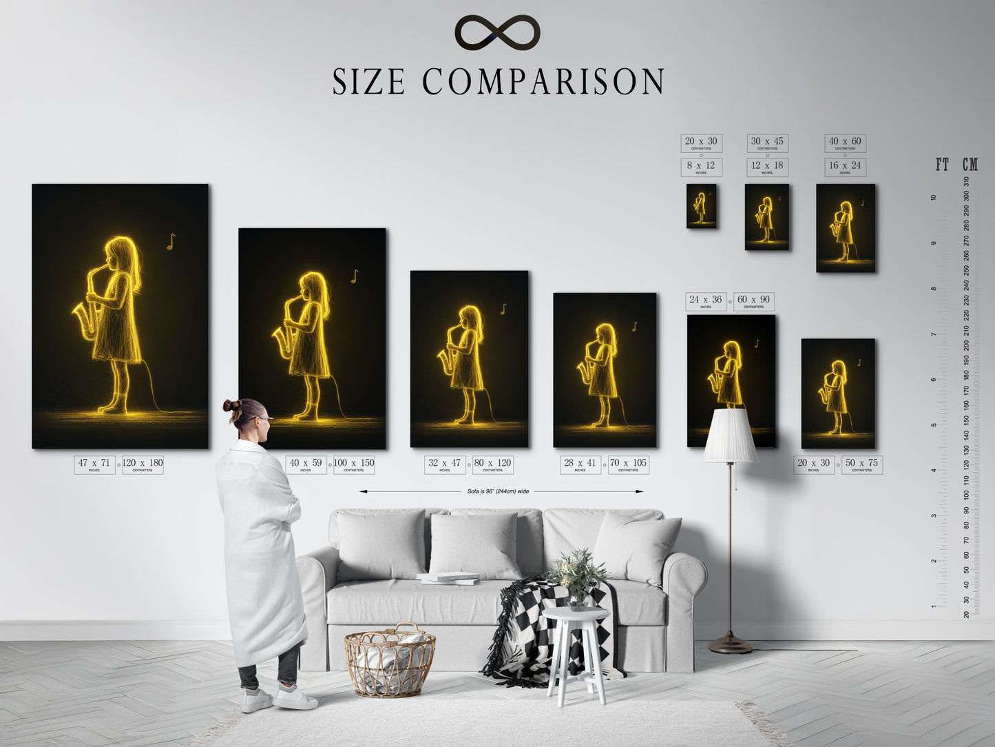A size comparison chart displayed in an interior setting. This helps visualize the perfect size for your Saxophone Player artwork. Choose the ideal dimensions to complement your wall. Make sure it fits your music room or studio.