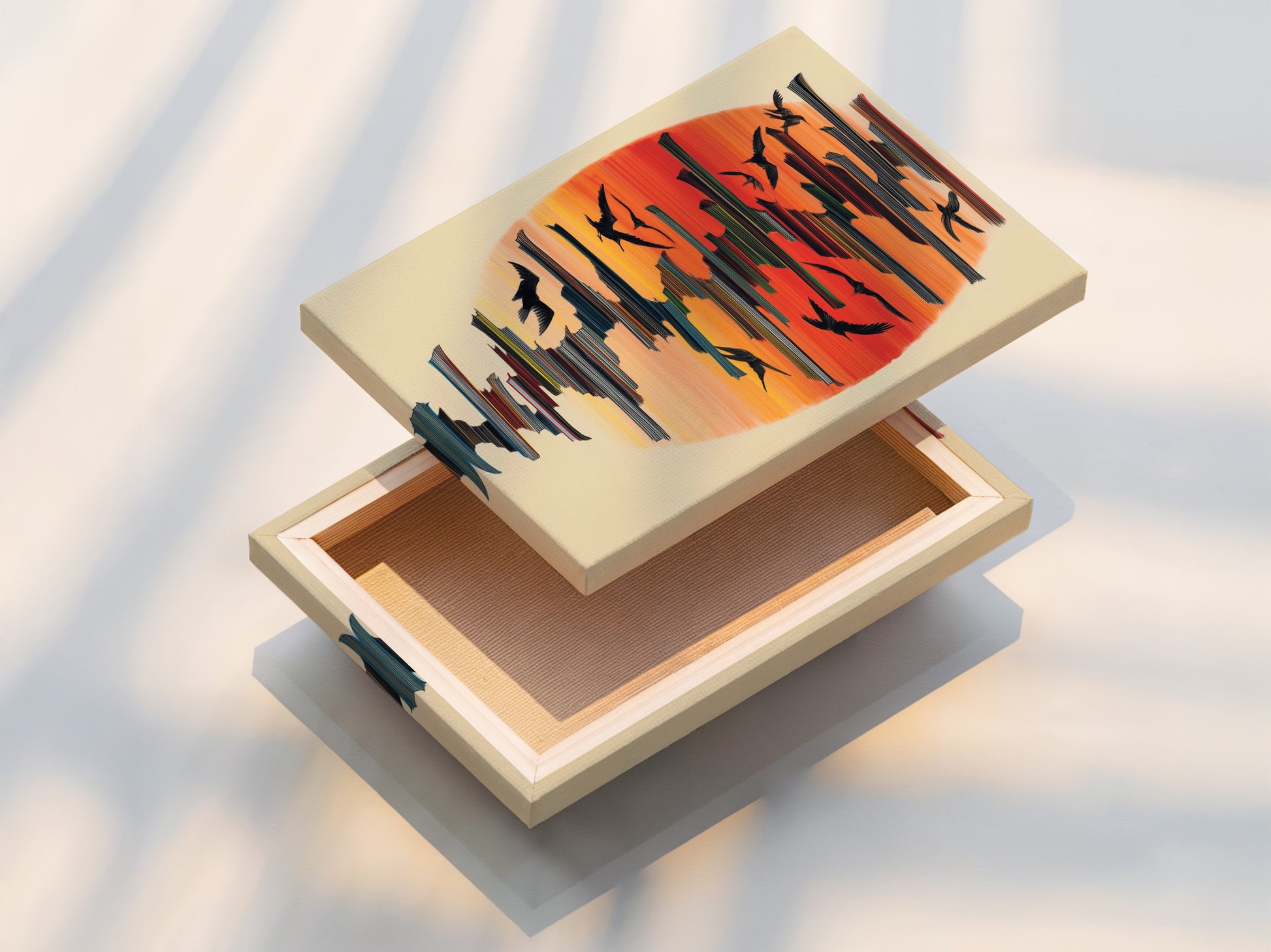 The Birds in Flight artwork is beautifully showcased as a stretched canvas print. The sunset canvas brings coastal charm to any space. This modern artwork is ready to hang. Elevate your living room wall art with this abstract print.