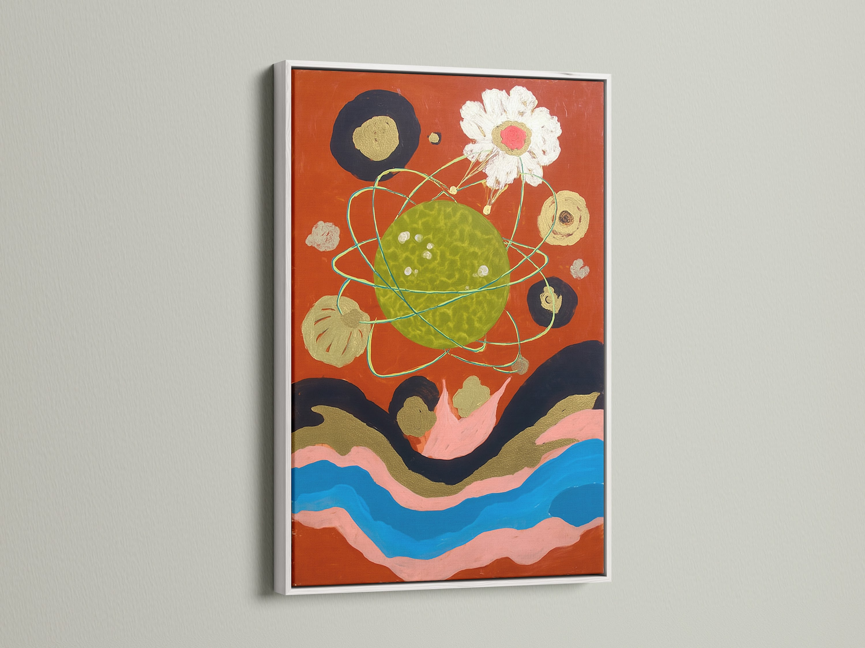 This cosmic abstract art print is displayed in a white frame. The celestial wall art is a modern surreal canvas art. This abstract collage features planetary art. It is vibrant wall art that adds a contemporary touch to any space.