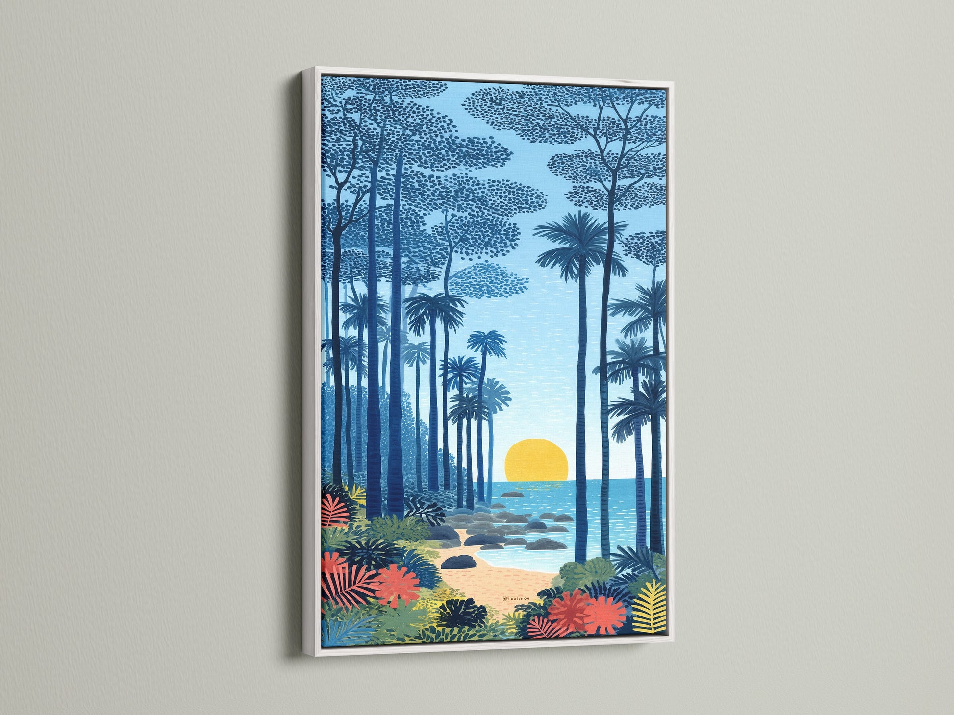 This tropical wall art is showcased in a white frame. The fine art print captures a serene coastal seascape. Featuring indigo blue decor and a calming sunset art print. It enhances any space with its island art prints. This artwork is perfect for adding a touch of paradise to your home.