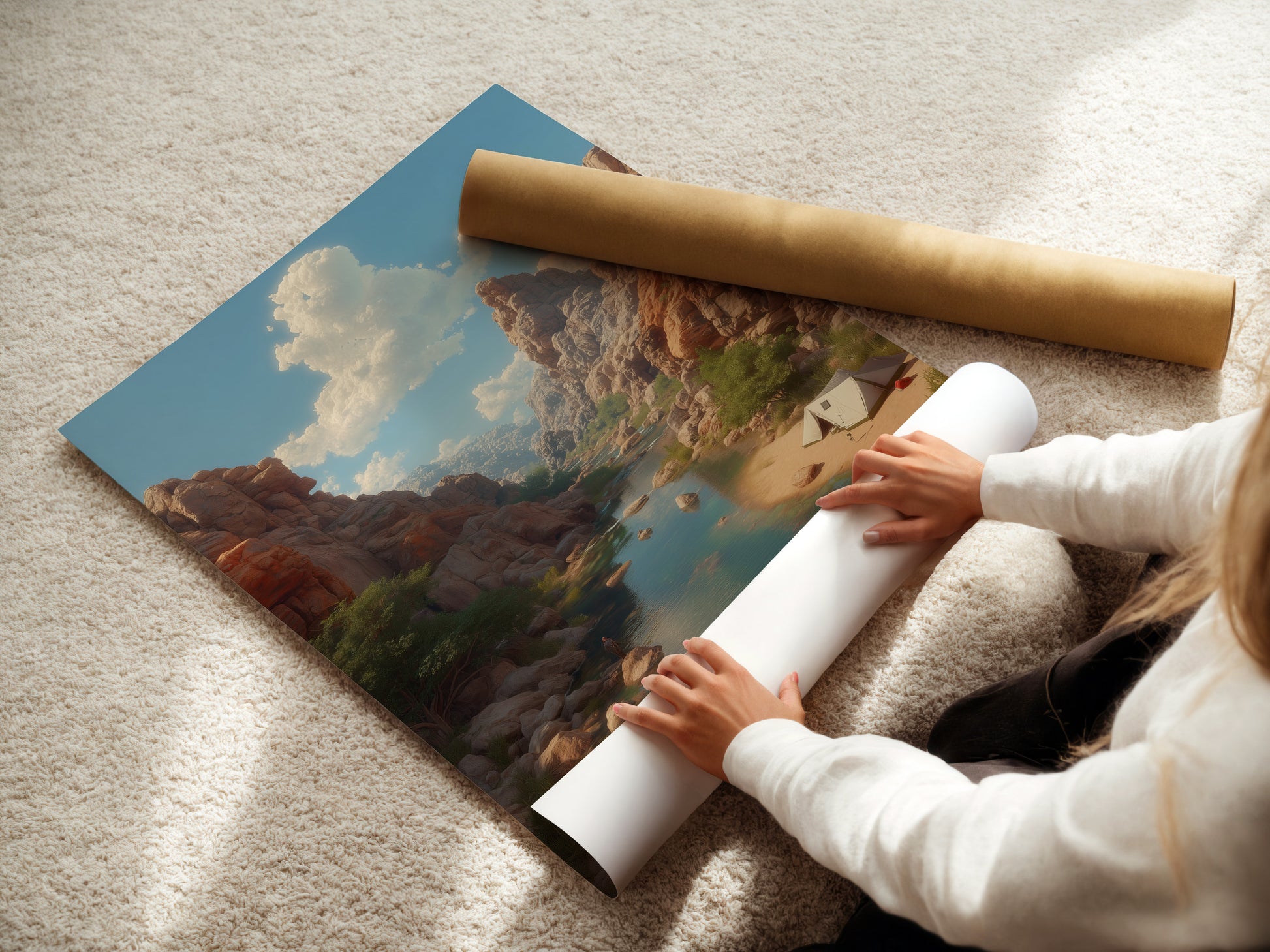A woman rolling fine art poster paper. The fine art poster paper is being prepared for printing. Professional handling ensures top-quality prints. Discover the fine art poster paper. This material is ideal for art reproduction. Get yours now.