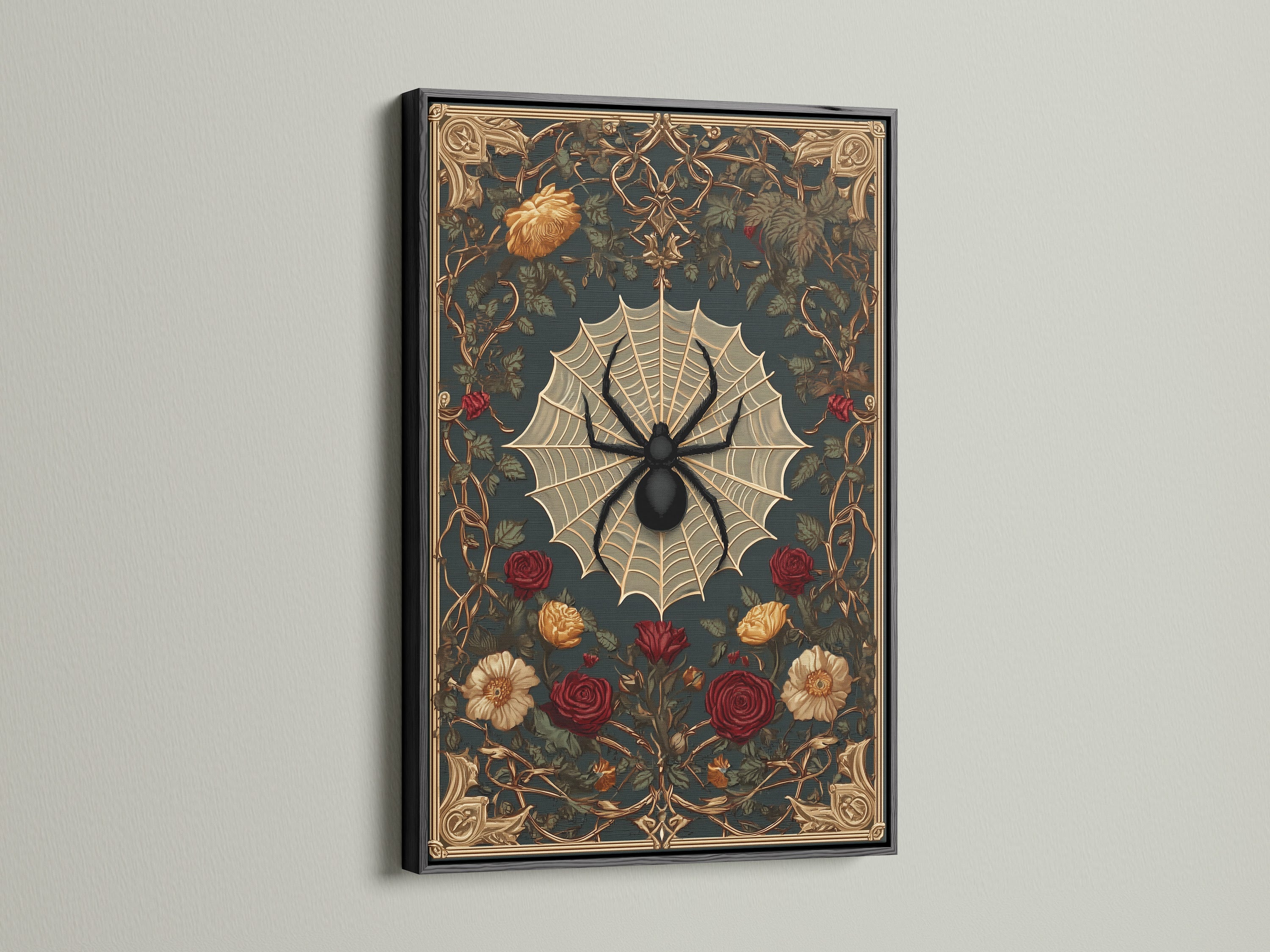Artwork with a black frame displayed indoors. The art features a detailed spider web and rose artwork. The black frame creates a striking contrast. It draws attention to the piece. A bold choice for any art collection.