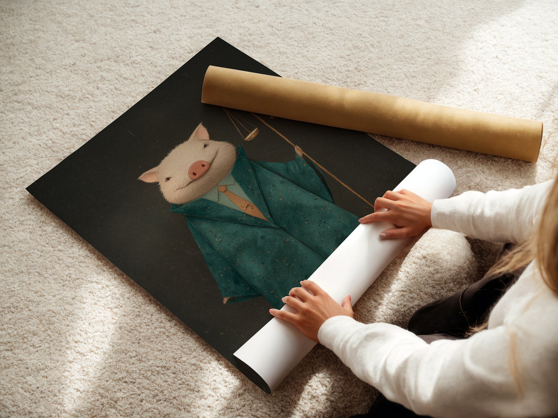 A woman is carefully rolling a fine art poster paper featuring the Lawyer Pig. This legal office art is perfect for any law firm. The justice scales animal canvas adds a unique touch. It's an ideal gift for attorneys. The Victorian style is in green and gold.