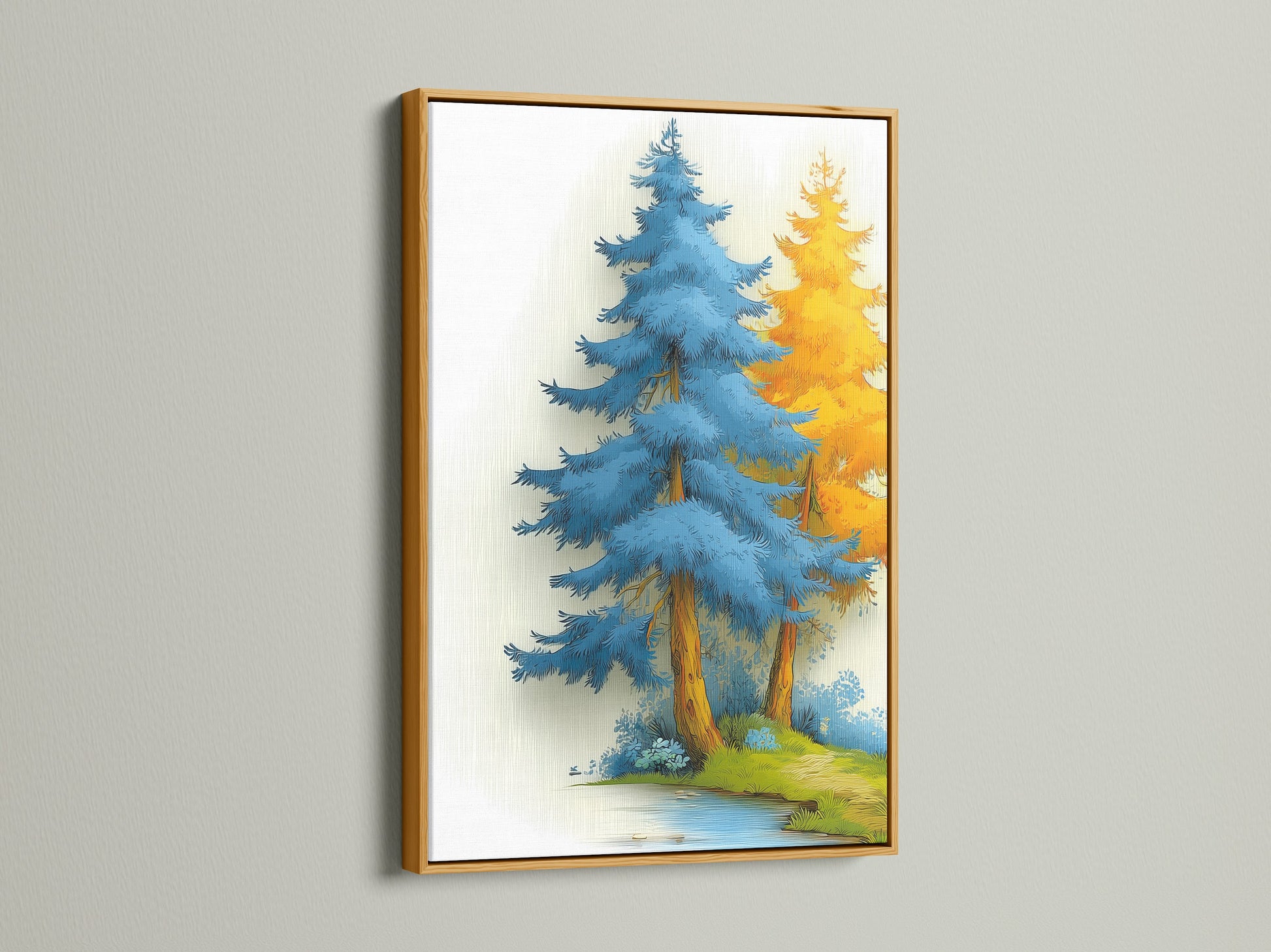 The Blue Forest canvas print shines in a gold frame. This gold tree art adds a luxurious touch to your decor. The modern artwork is enhanced by the gold frame. This nature canvas is perfect for creating a statement. The blue tree decor complements rustic styles. Elevate your bedroom art with this exquisite piece. This gold decor is refined.