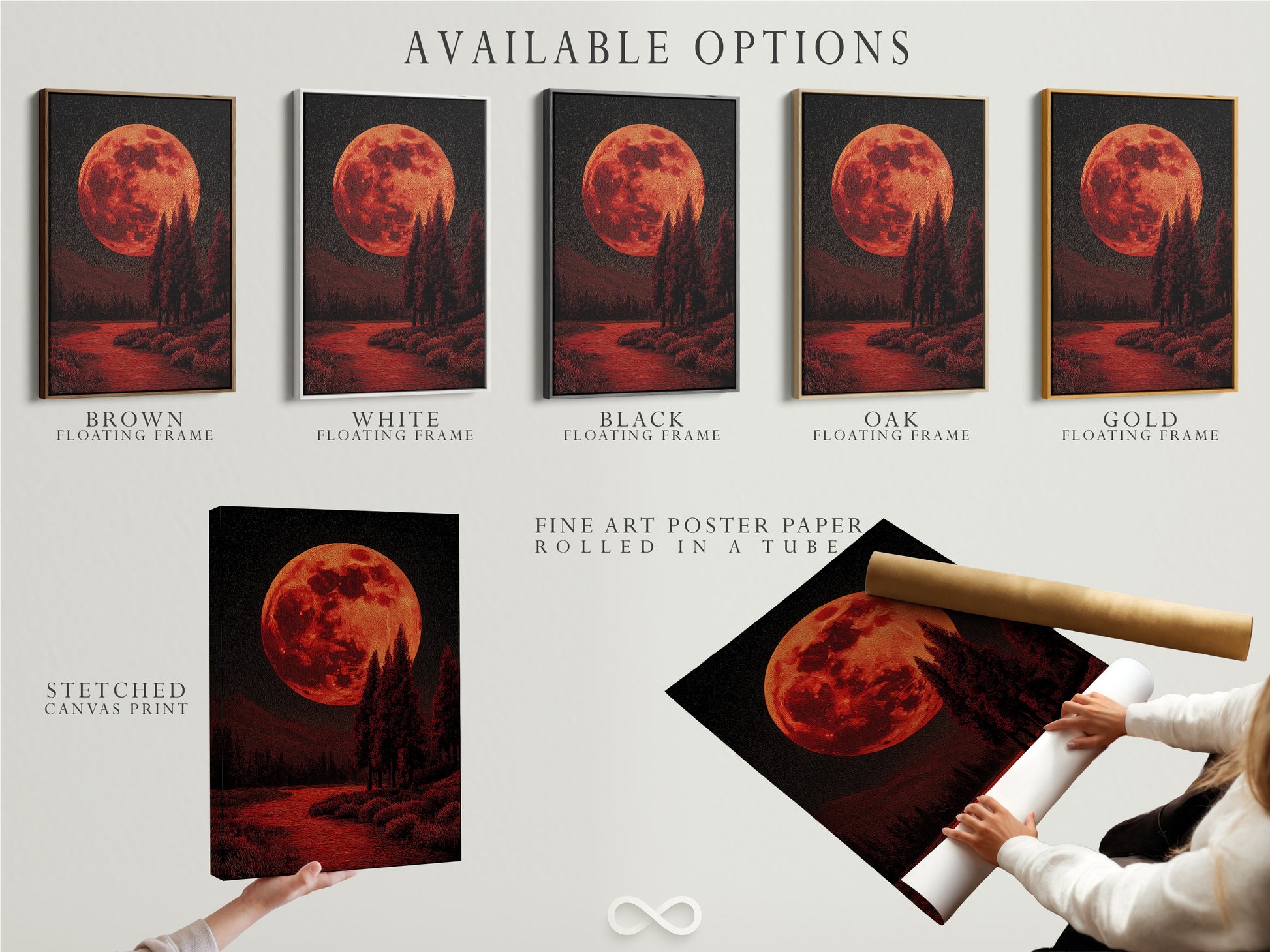 Available options are displayed: stretched canvas print fine art poster paper and floating frame. Choose the perfect format for your red moon landscape artwork. Customize your celestial art to fit your style. Purchase now!