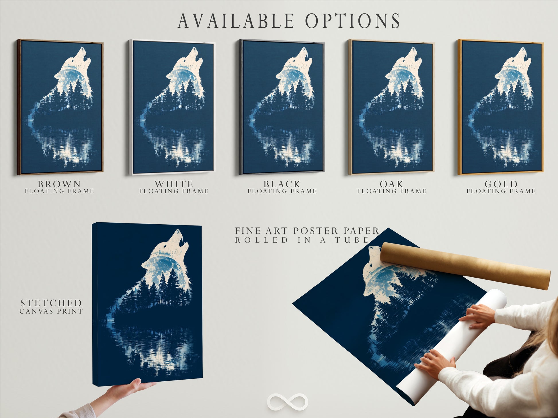 Available options are displayed. Options include a stretched canvas print fine art poster paper and floating frame. Choose the perfect format for your wolf artwork. Navy blue nature artwork for bedroom decor.