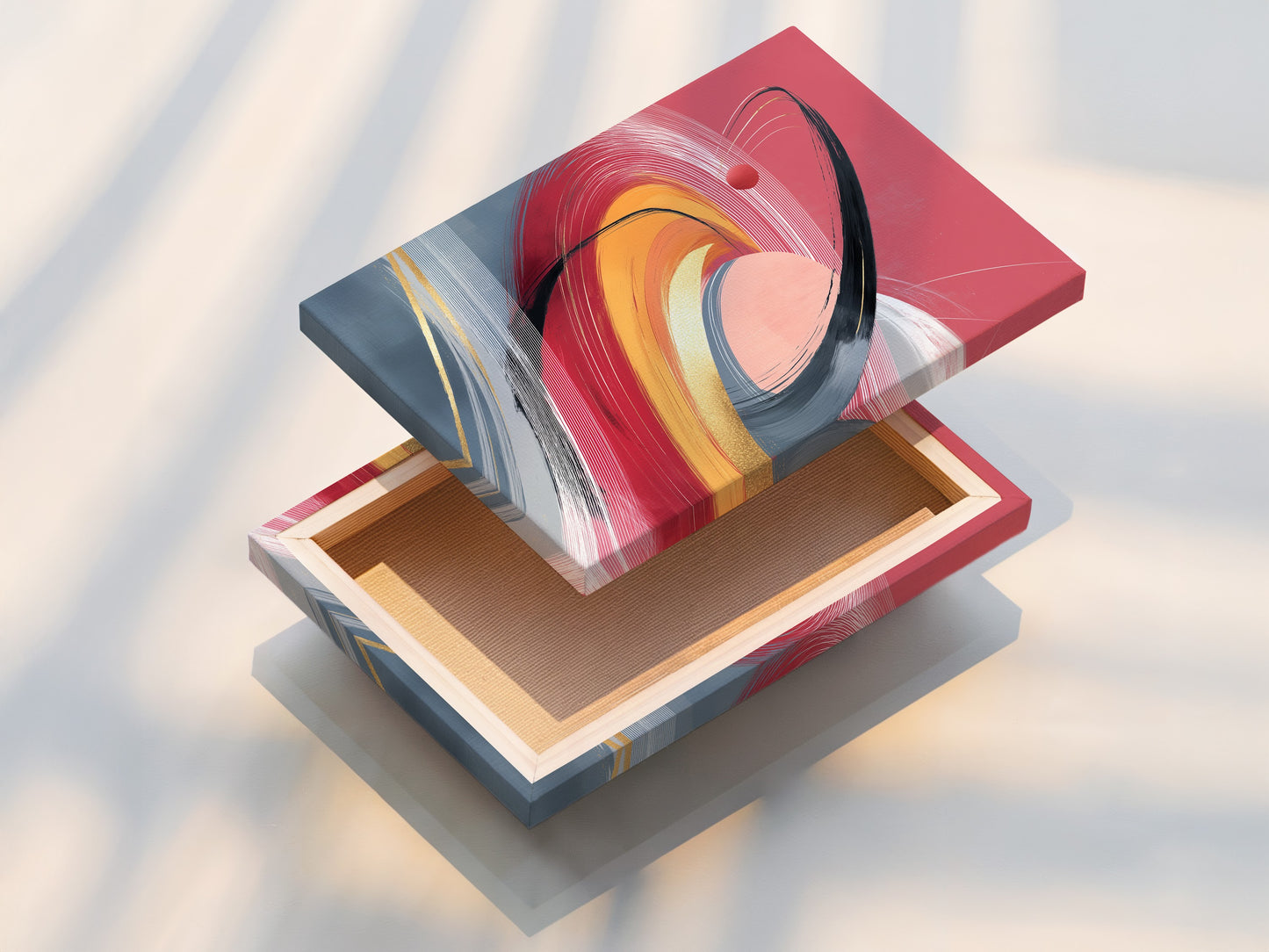 A stretched canvas print showcasing abstract swirl artwork. Coral pink and gold combine in this contemporary motion print. Perfect for modern homes and offices. Add a touch of dynamic art to your walls.