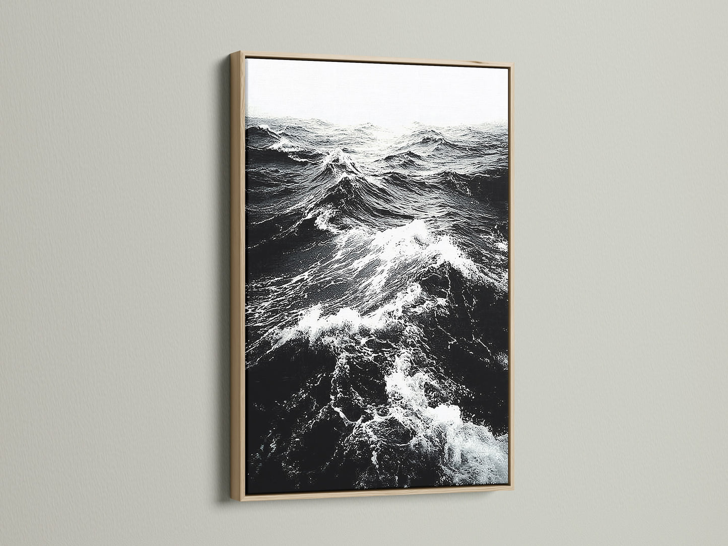 This is an oak frame displaying black and white ocean wave artwork. The natural wood grain adds warmth to monochrome art. Perfect nautical decor for a modern home. Discover seascape canvas prints now.