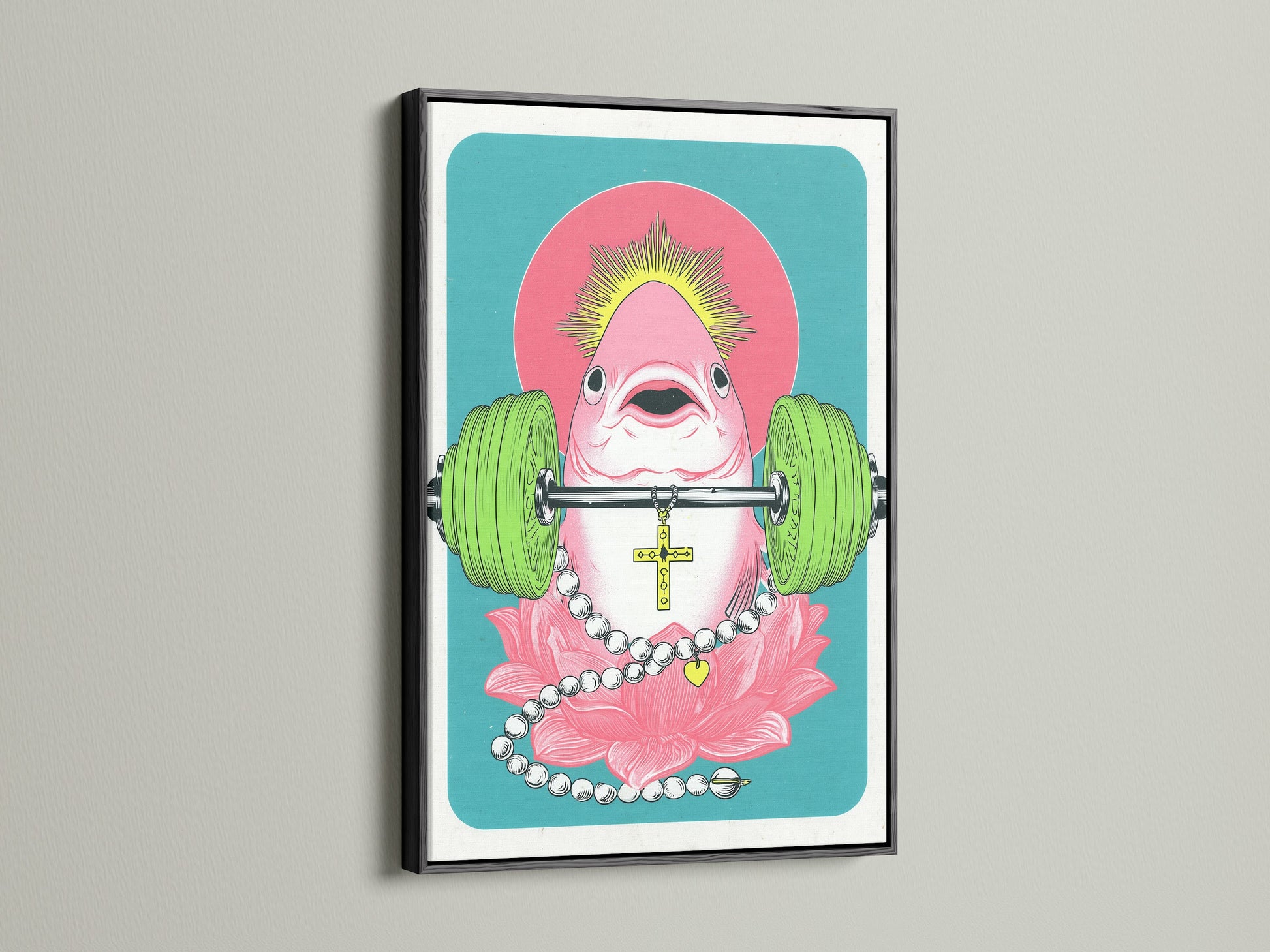 Surreal flamingo artwork print in a black frame. This motivational art is perfect for a fitness-themed space. The quirky home decor is ideal for those who love eccentric wall art. The pink teal art is contemporary.
