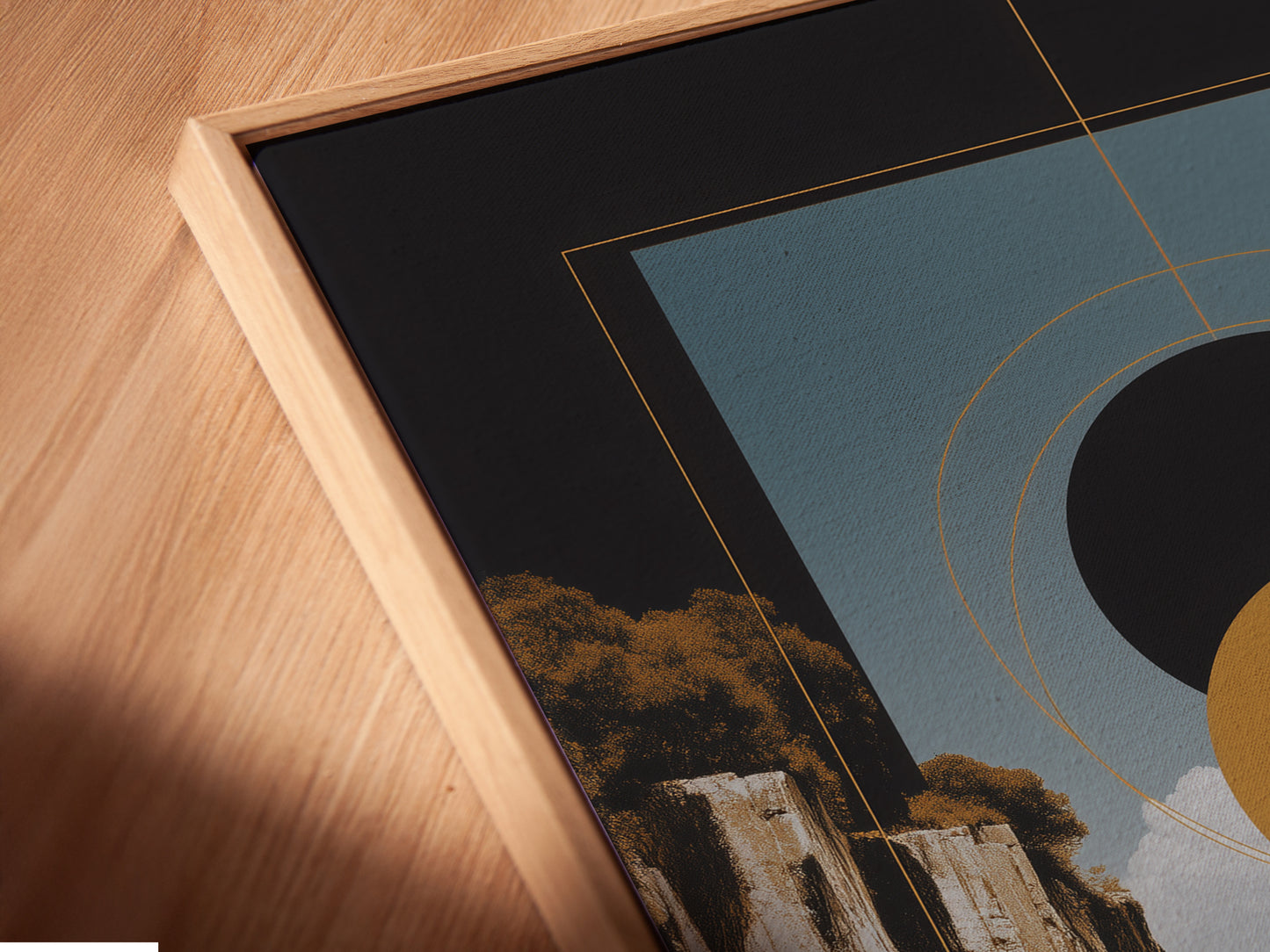 Close-up angled view of a Geometric Seascape canvas print in a floating frame. The modern artwork features abstract coastal art and earth tones. The floating frame enhances the artwork's depth. Perfect for creating a focal point in any room.