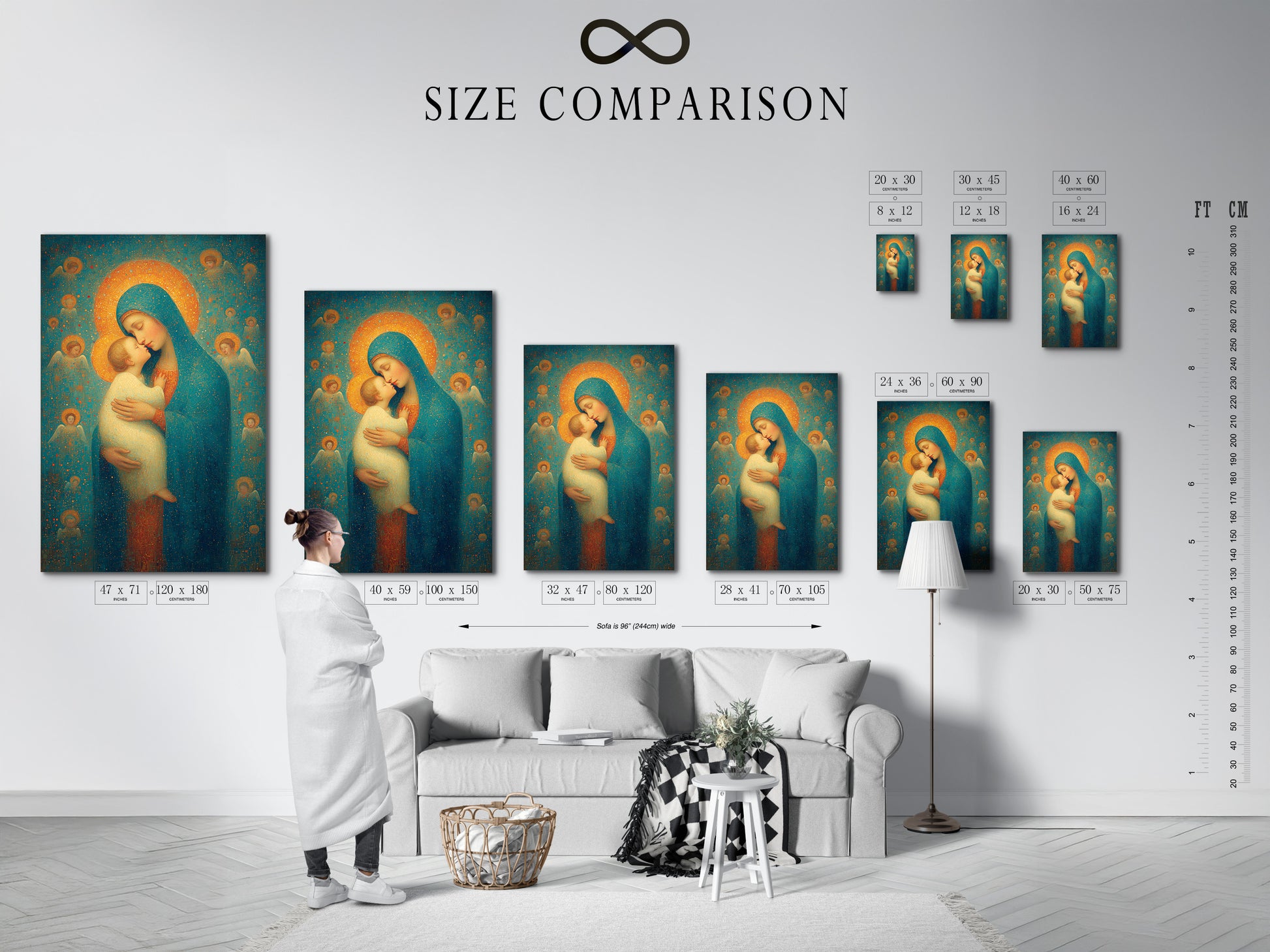 Size comparison chart in an interior setting. Easily visualize the different sizes of our artwork. The chart shows how each size fits in a room. Find the perfect size for your space with our chart.