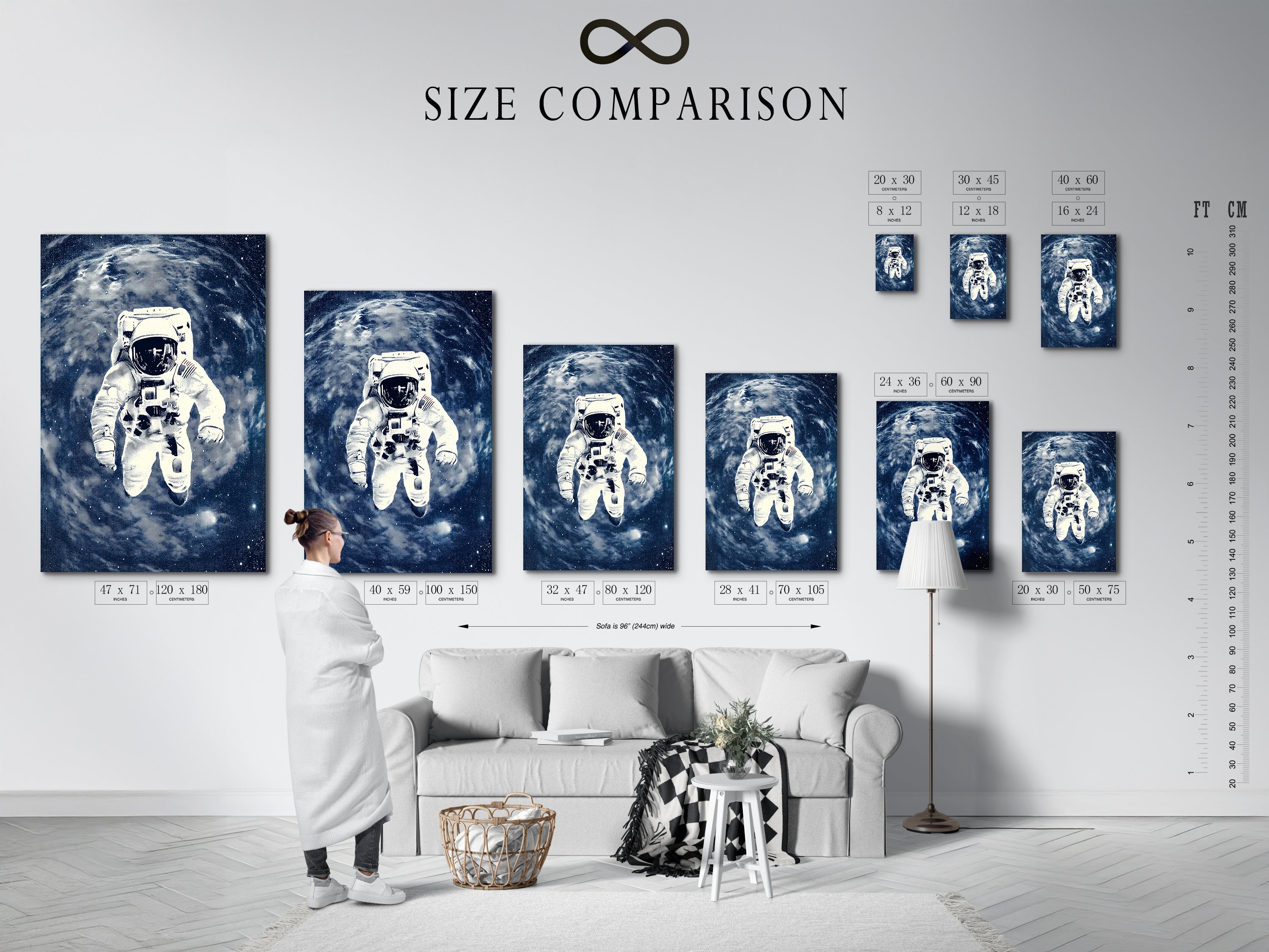 A size comparison chart is displayed in an interior setting. Various sizes of the astronaut space art print are shown. This chart helps visualize the perfect fit for your wall. Choose the ideal blue galaxy wall art for your space.