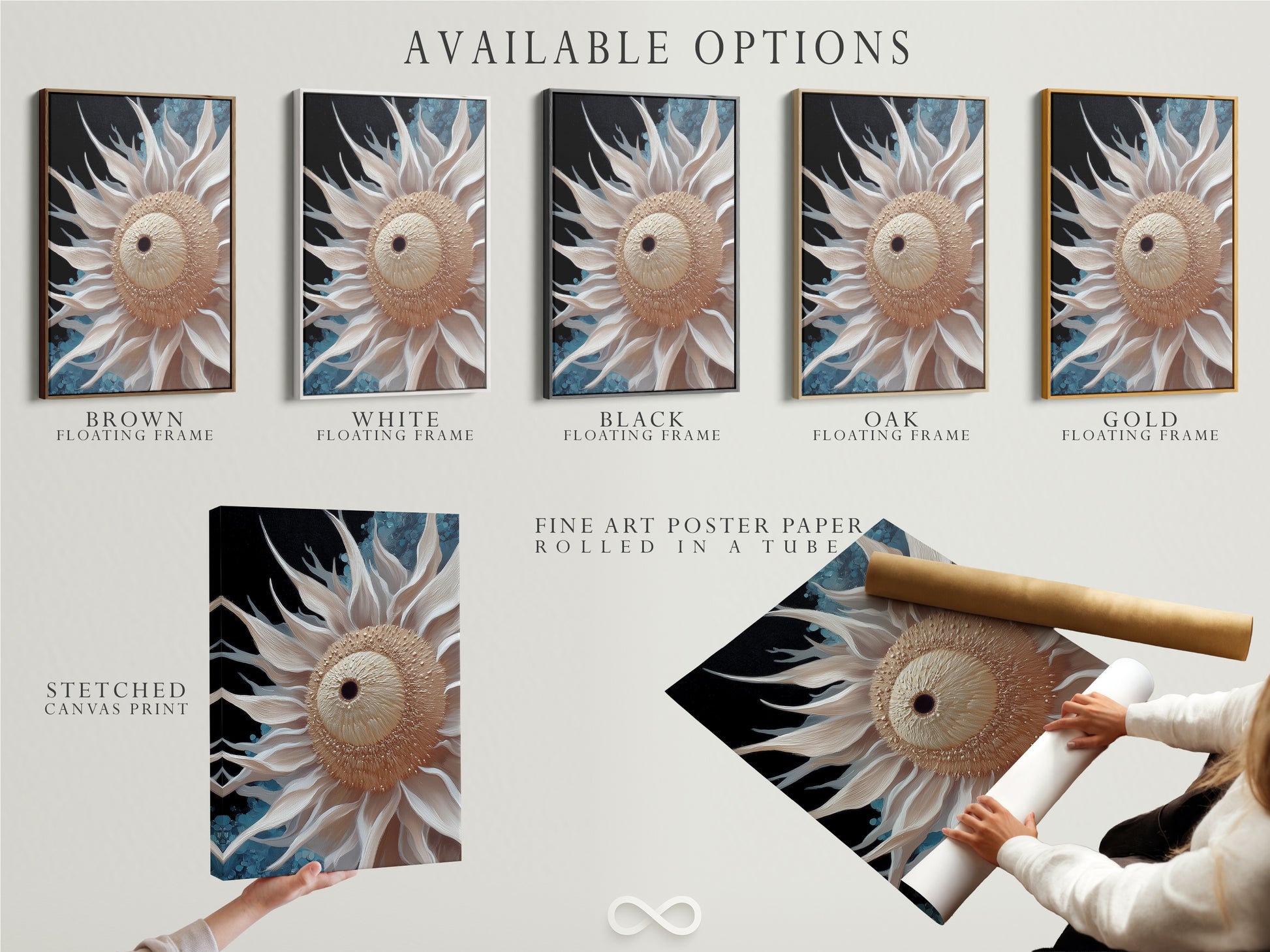 Explore available options for this beige sunflower artwork. Choose from a stretched canvas print fine art poster paper or a floating frame. The modern botanical print suits any decor. The neutral floral artwork enhances scandi or minimalist spaces. Find the perfect flower artwork for your style.