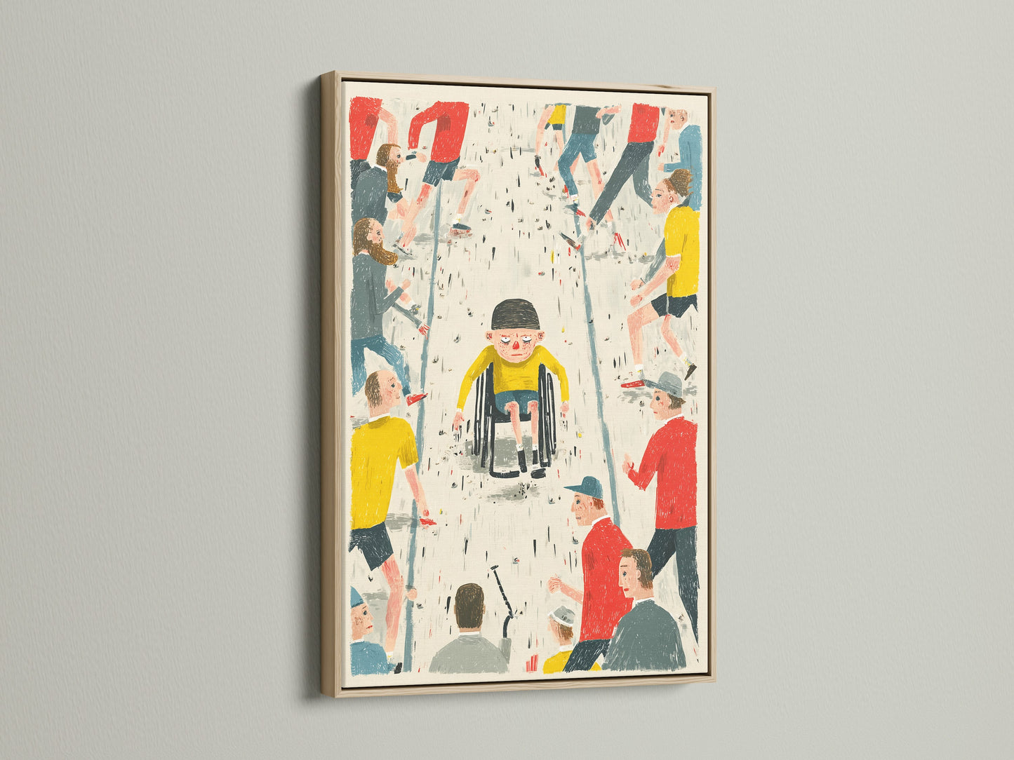 An oak frame elegantly holds a diversity print on a white wall. The artwork showcases a child in a wheelchair among a crowd of diverse figures. This equality artwork promotes inclusivity and unity. It is perfect for adding an inspirational touch to office decor.
