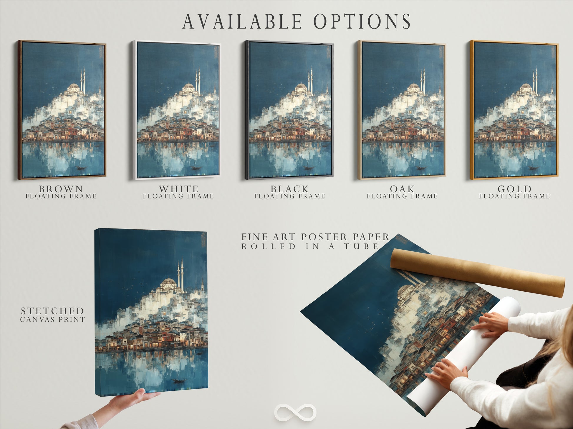 Available options for the Istanbul Cityscape artwork. Choose from stretched canvas print fine art poster paper or floating frame. Each option enhances the beauty of this Turkish wall art. Find the perfect style to complement your home decor. This artwork is perfect for any space.