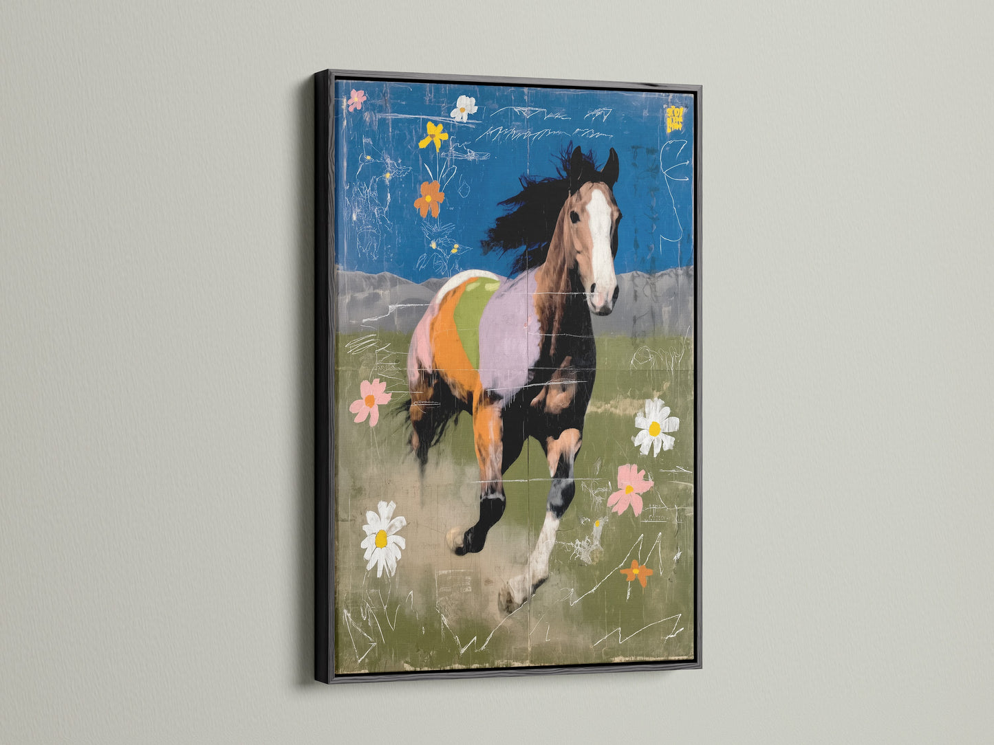 Abstract horse art is framed in black. This modern piece adds sophistication to any space. It's ideal for homeowners renters interior designers and business owners seeking elevated decor.