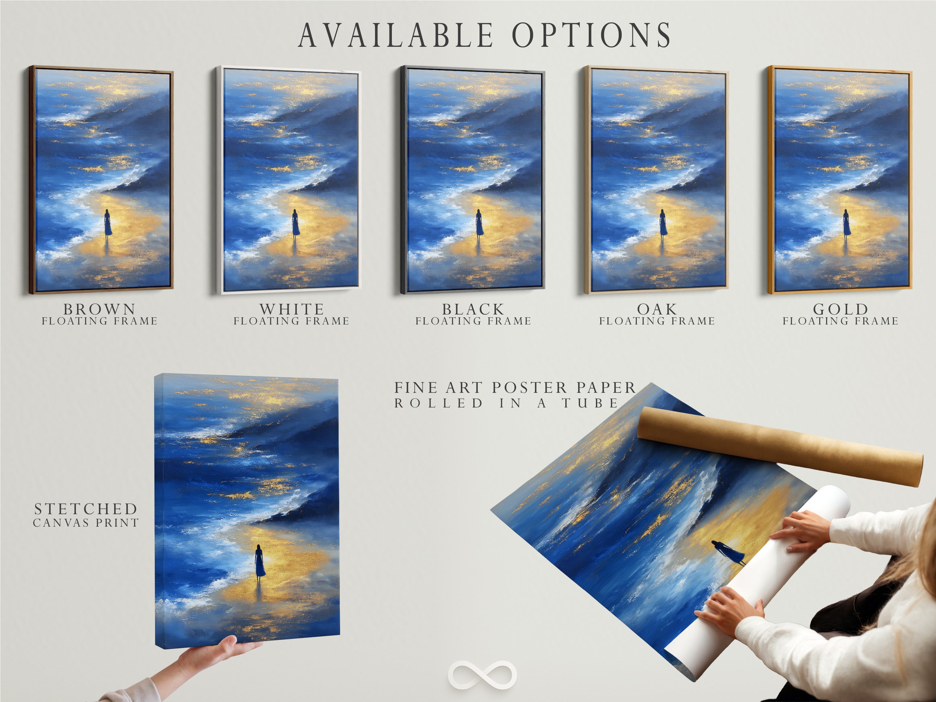 Available options for the Ocean Reflection artwork are displayed. Choose from a stretched canvas print fine art poster paper or floating frame. The blue and gold abstract seascape print suits any style. Enhance your space with this tranquil coastal artwork.