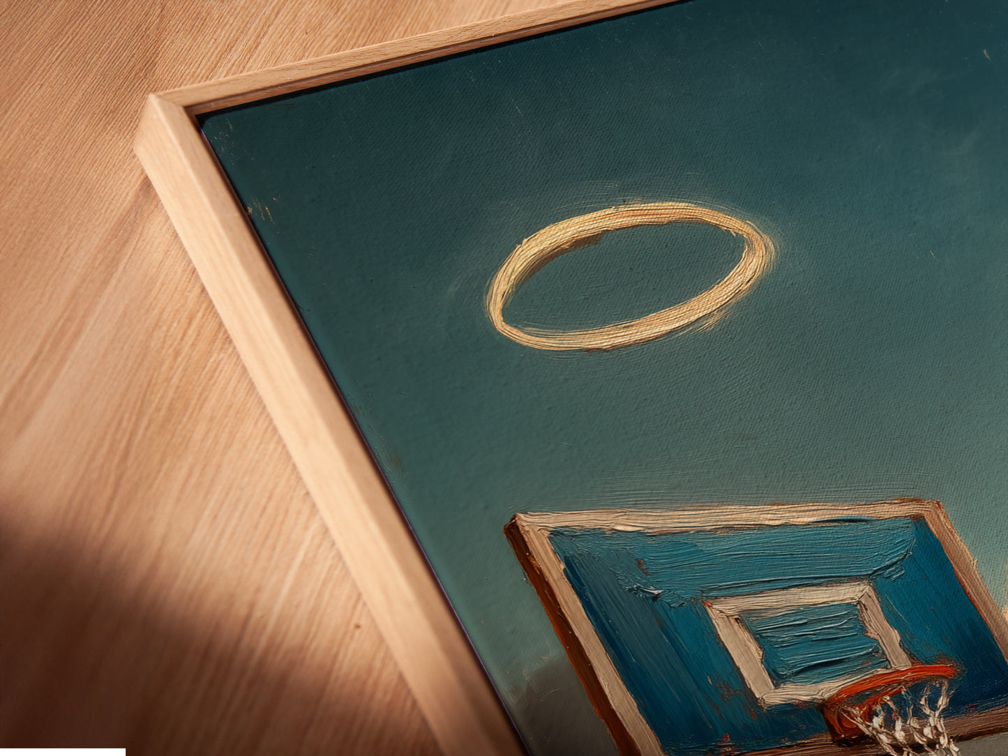 A close-up angled view shows a canvas print in a floating frame. This coastal basketball art gains depth and dimension. Perfect for a man cave or office. The floating frame enhances the sporty vibe. A stylish and modern gift option. Elevate your walls with this framed artwork.